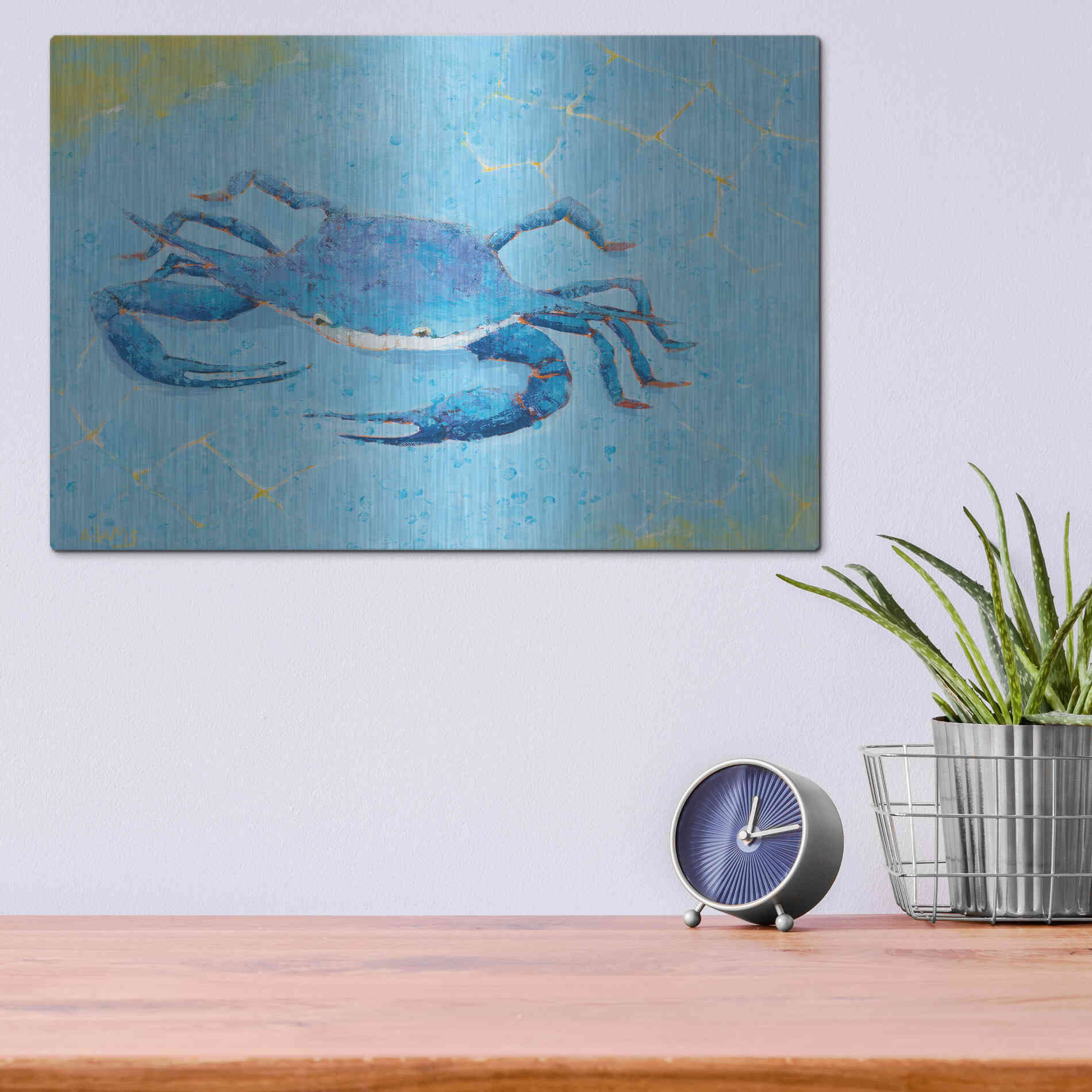 Luxe Metal Art 'Blue Crab V' by Phyllis Adams, Metal Wall Art,16x12