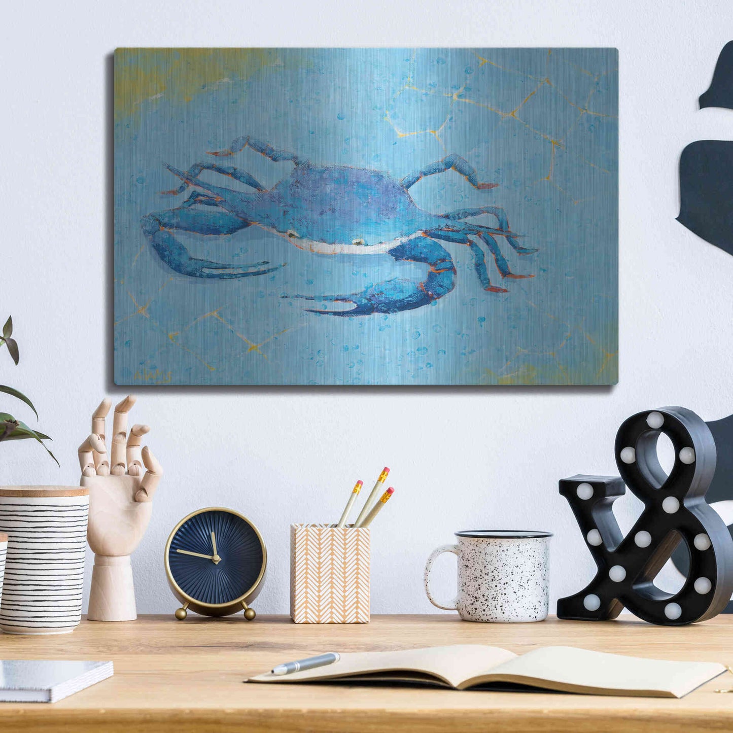 Luxe Metal Art 'Blue Crab V' by Phyllis Adams, Metal Wall Art,16x12