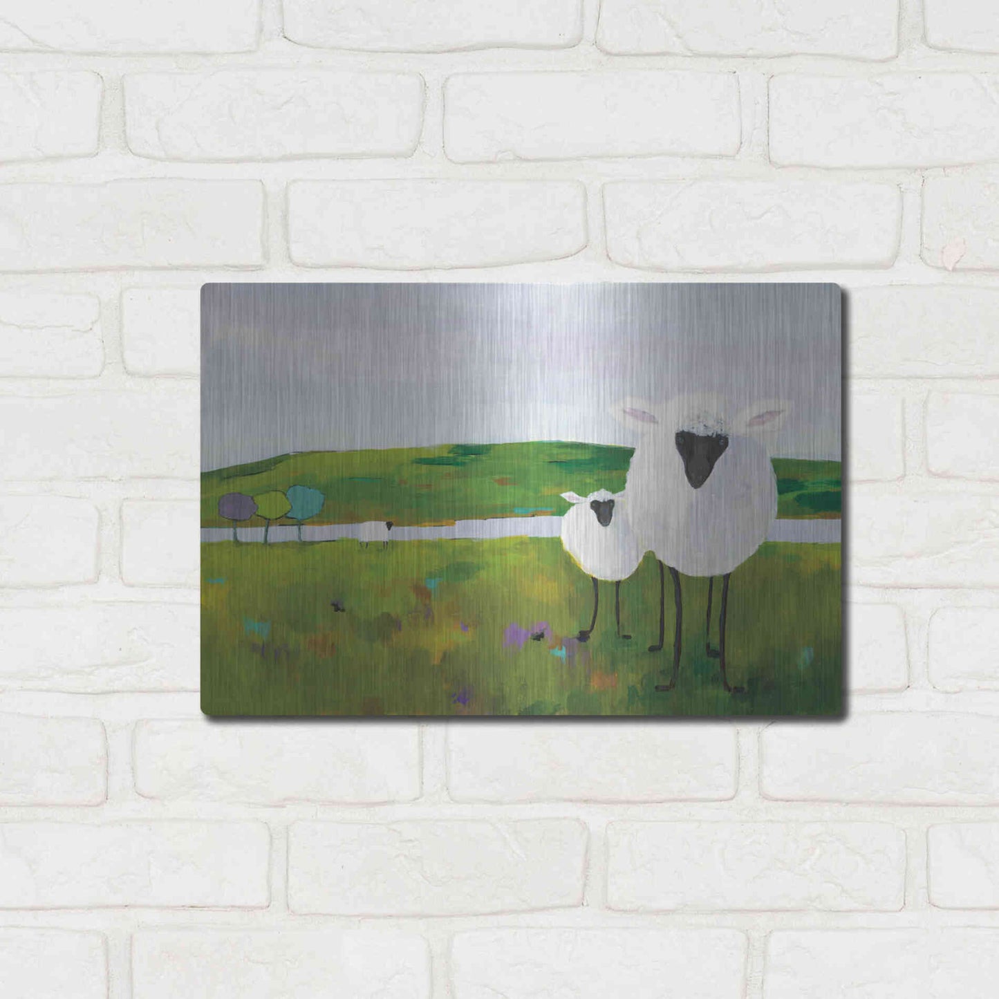 Luxe Metal Art 'Sheep in the Meadow' by Phyllis Adams, Metal Wall Art,16x12
