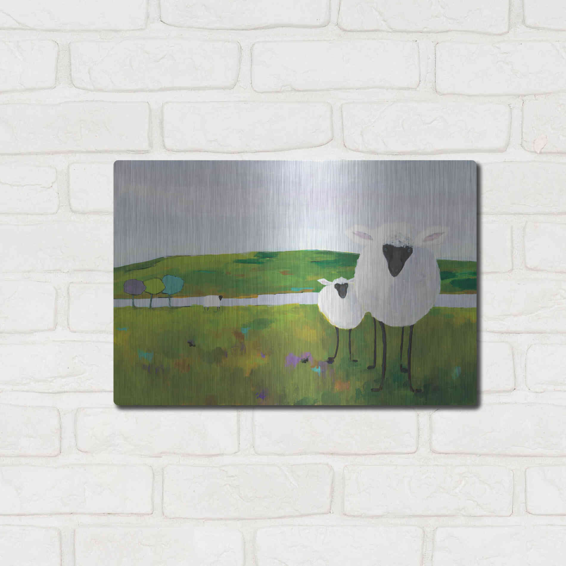 Luxe Metal Art 'Sheep in the Meadow' by Phyllis Adams, Metal Wall Art,16x12