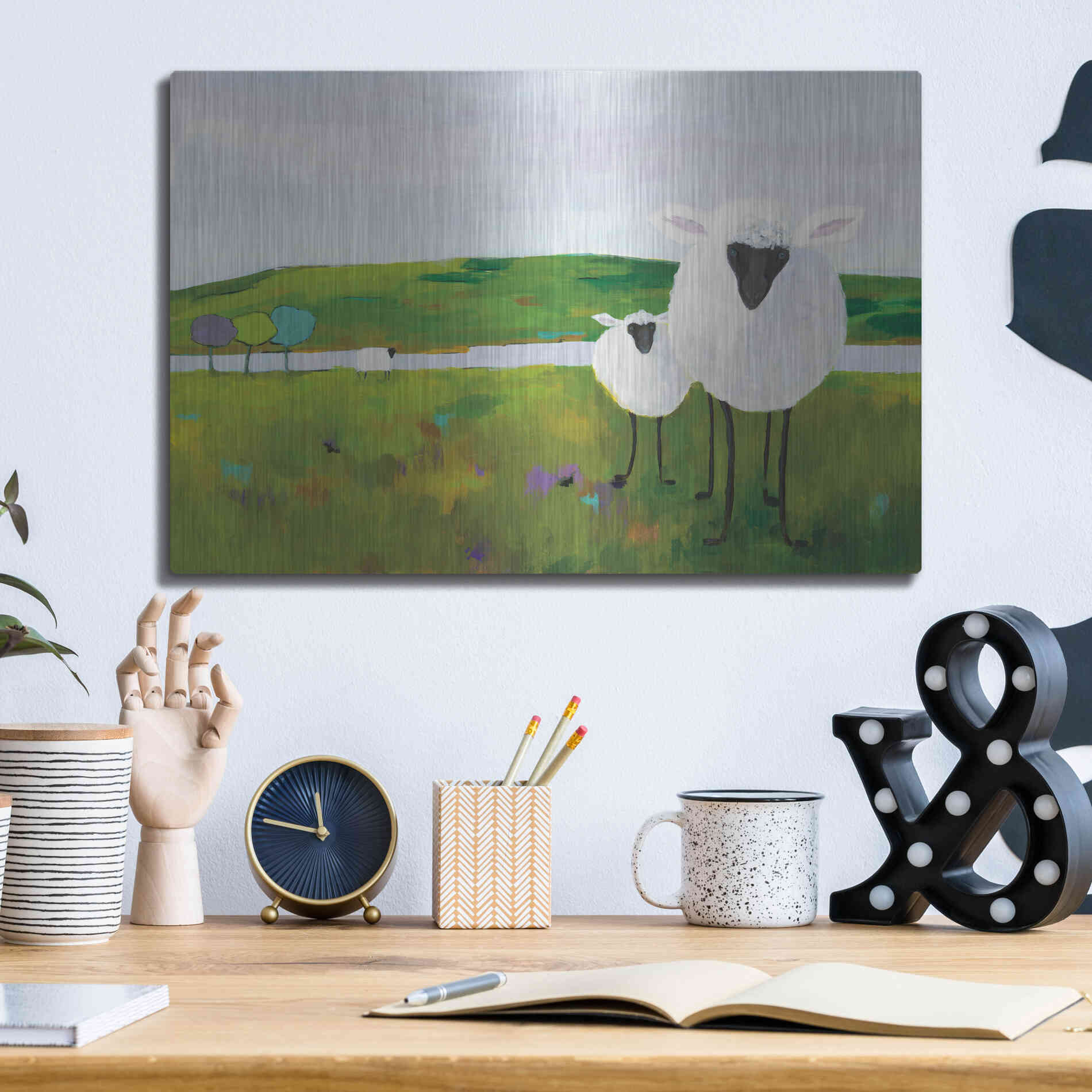 Luxe Metal Art 'Sheep in the Meadow' by Phyllis Adams, Metal Wall Art,16x12