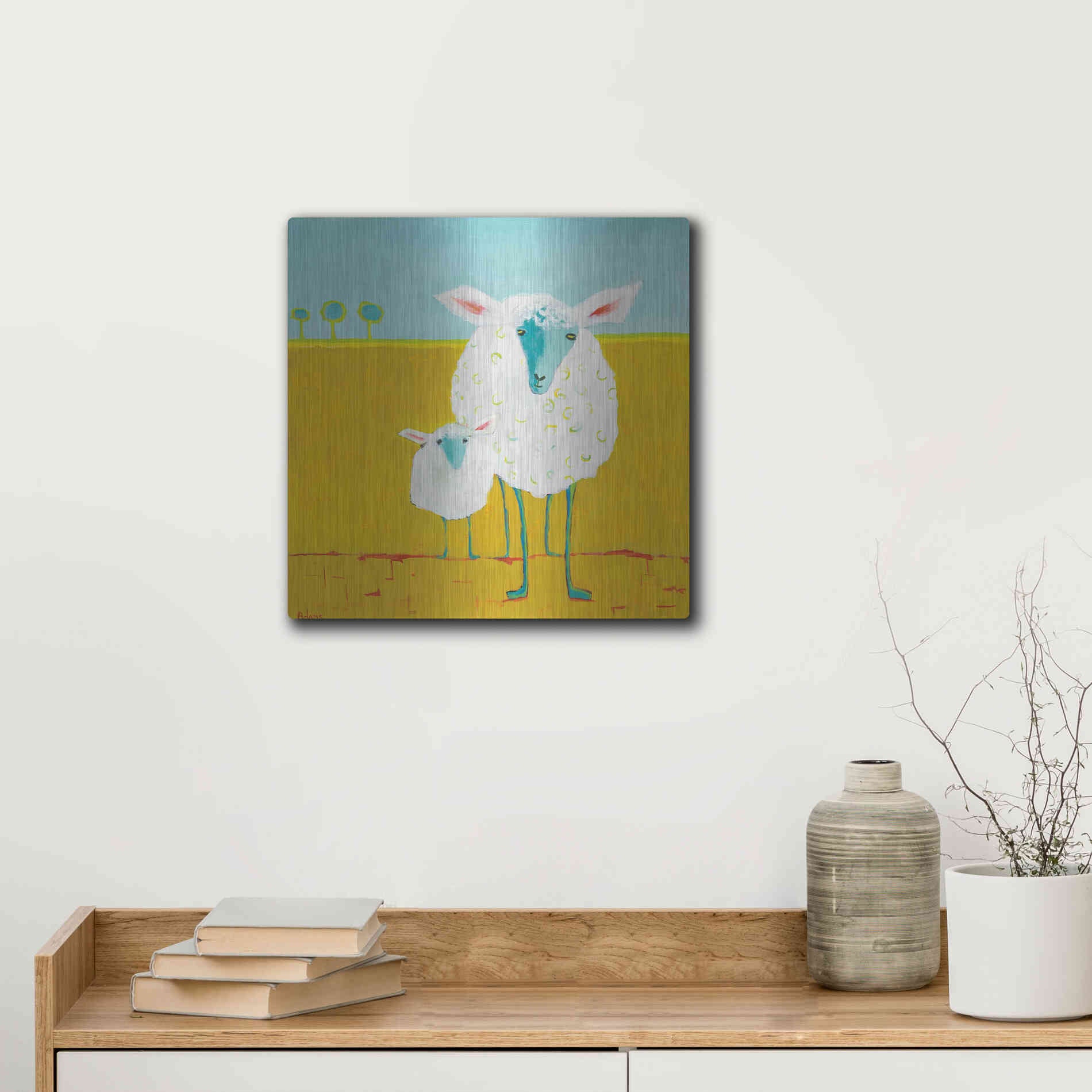 Luxe Metal Art 'Mama and Baby Sheep' by Phyllis Adams, Metal Wall Art,12x12