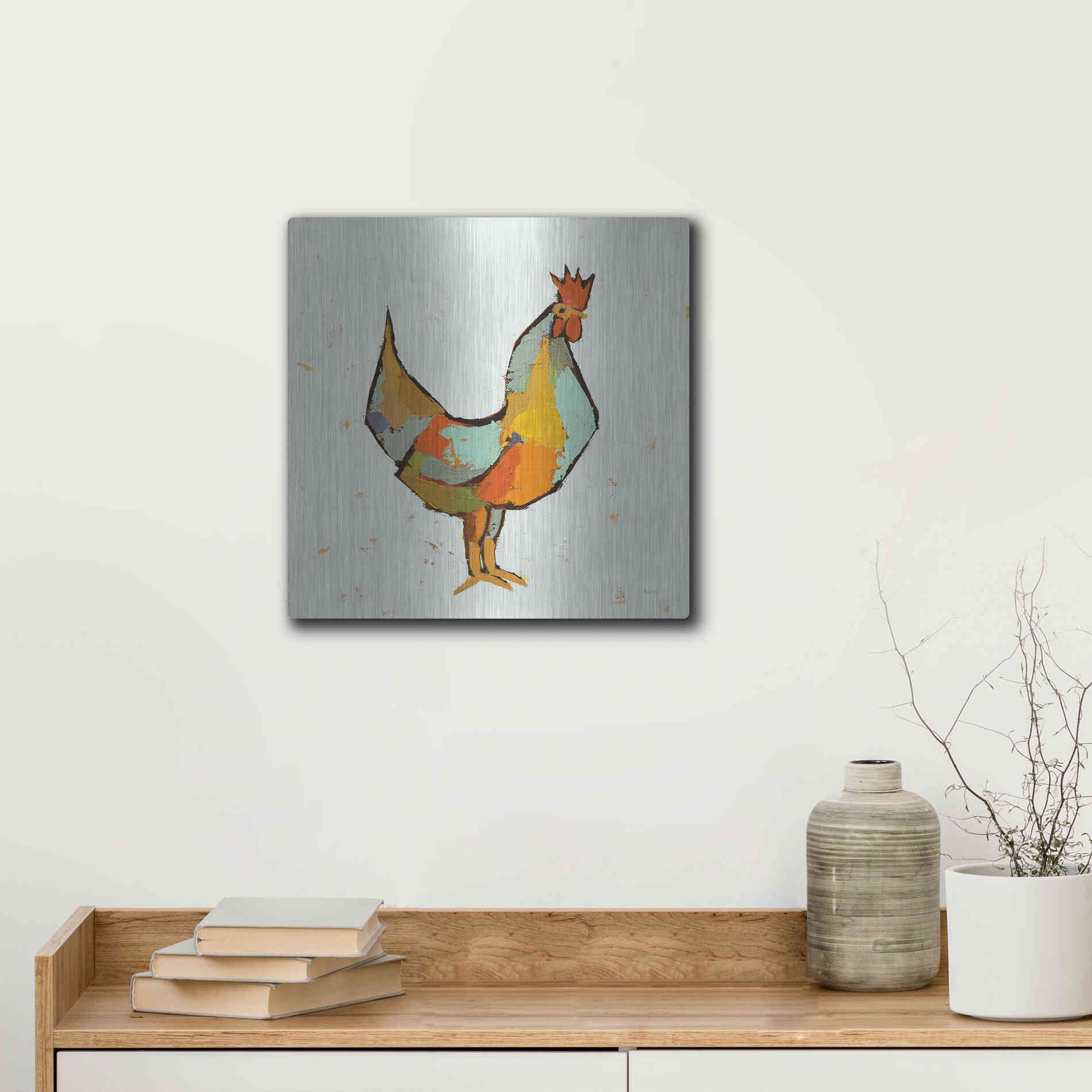 Luxe Metal Art 'The Strutter on White' by Phyllis Adams, Metal Wall Art,12x12