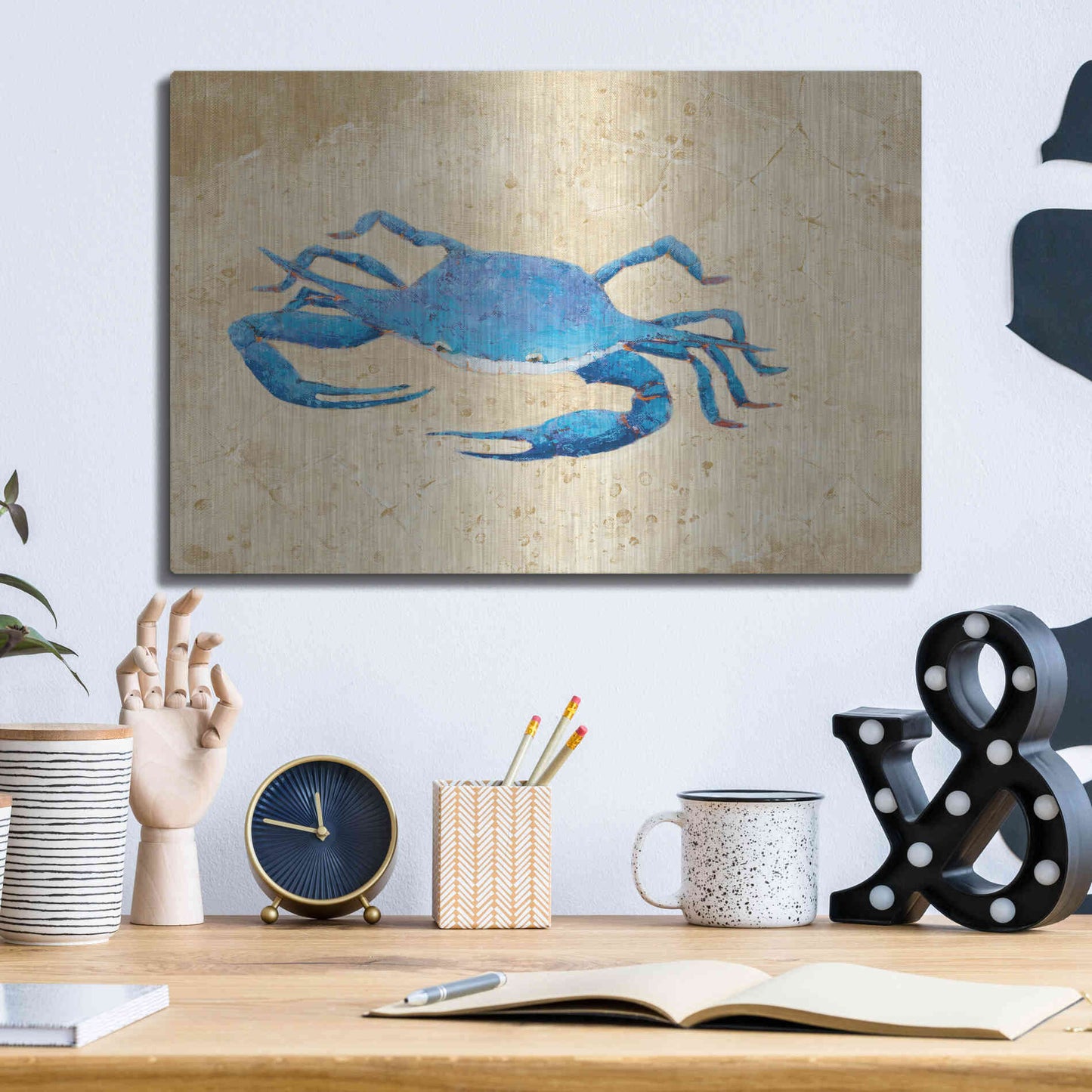 Luxe Metal Art 'Blue Crab V Neutral Crop' by Phyllis Adams, Metal Wall Art,16x12