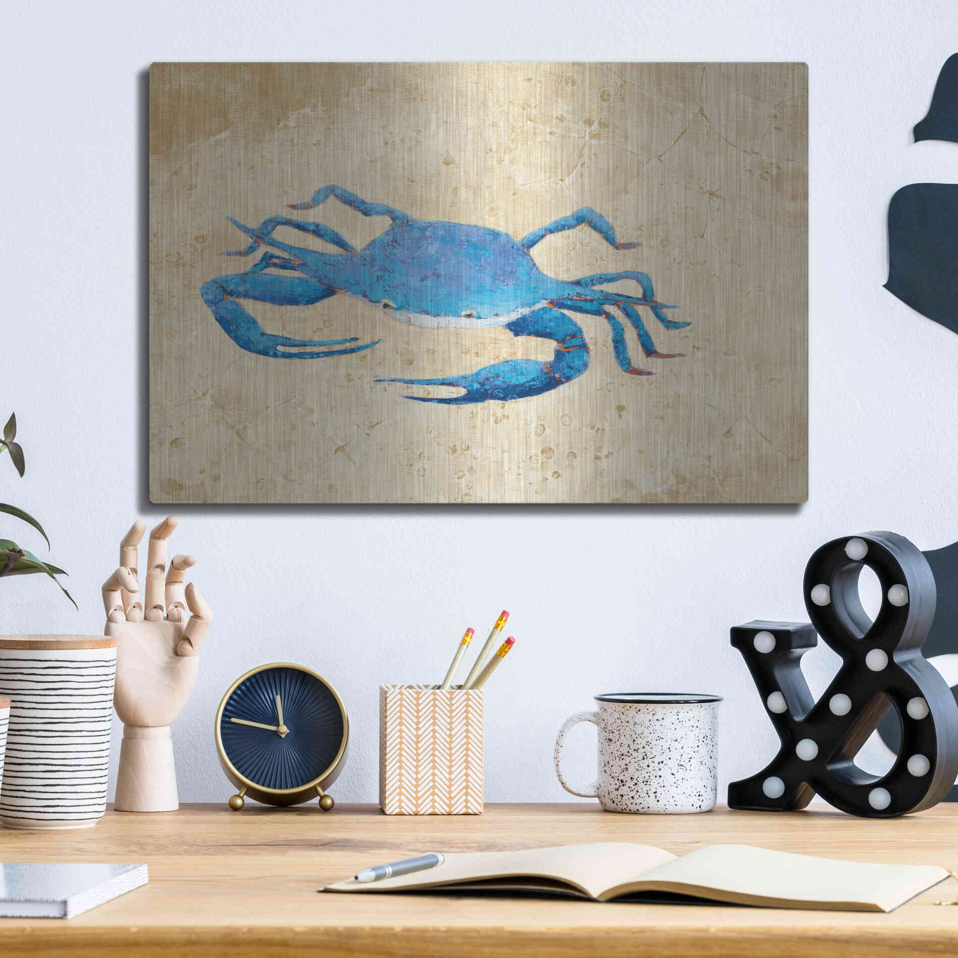 Luxe Metal Art 'Blue Crab V Neutral Crop' by Phyllis Adams, Metal Wall Art,16x12