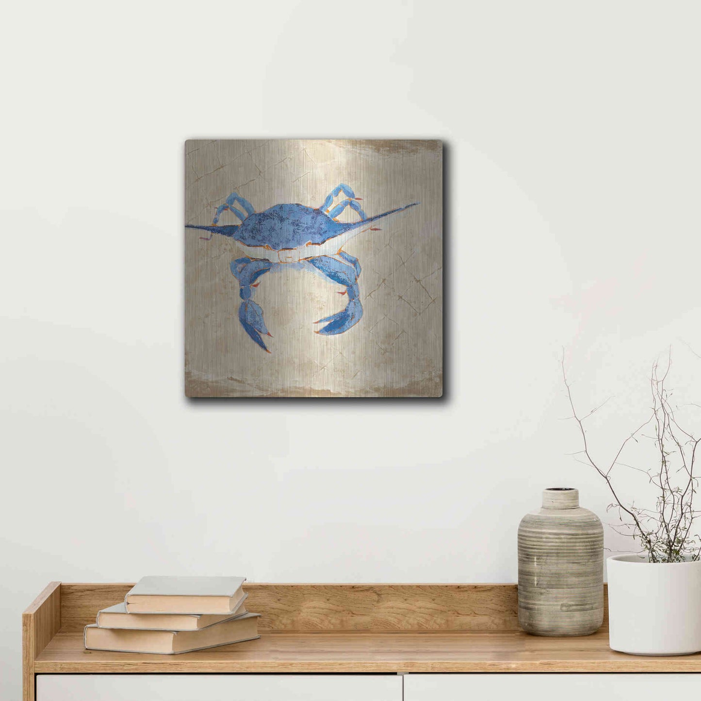 Luxe Metal Art 'Blue Crab VI Neutral' by Phyllis Adams, Metal Wall Art,12x12