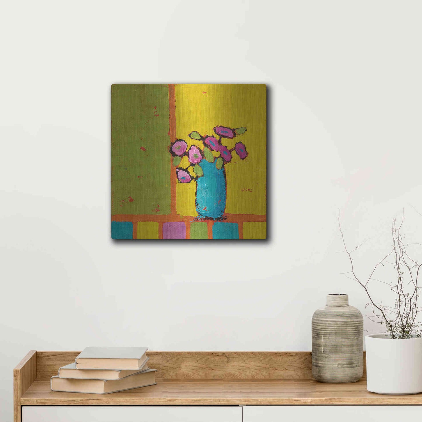 Luxe Metal Art 'Turquoise Vase Bright' by Phyllis Adams, Metal Wall Art,12x12