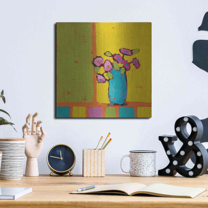 Luxe Metal Art 'Turquoise Vase Bright' by Phyllis Adams, Metal Wall Art,12x12
