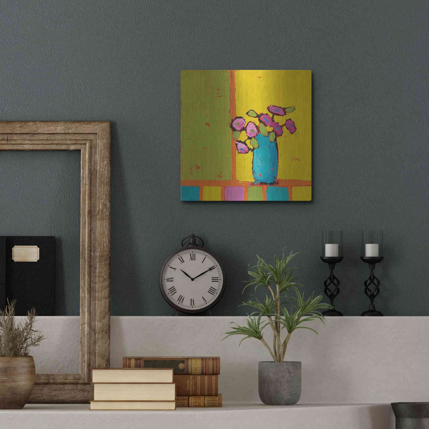 Luxe Metal Art 'Turquoise Vase Bright' by Phyllis Adams, Metal Wall Art,12x12
