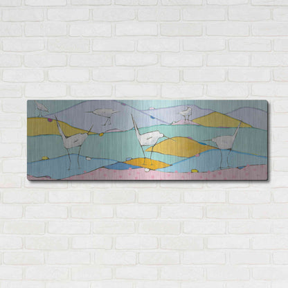 Luxe Metal Art 'Marsh Egrets I Pink Sand' by Phyllis Adams, Metal Wall Art,48x16