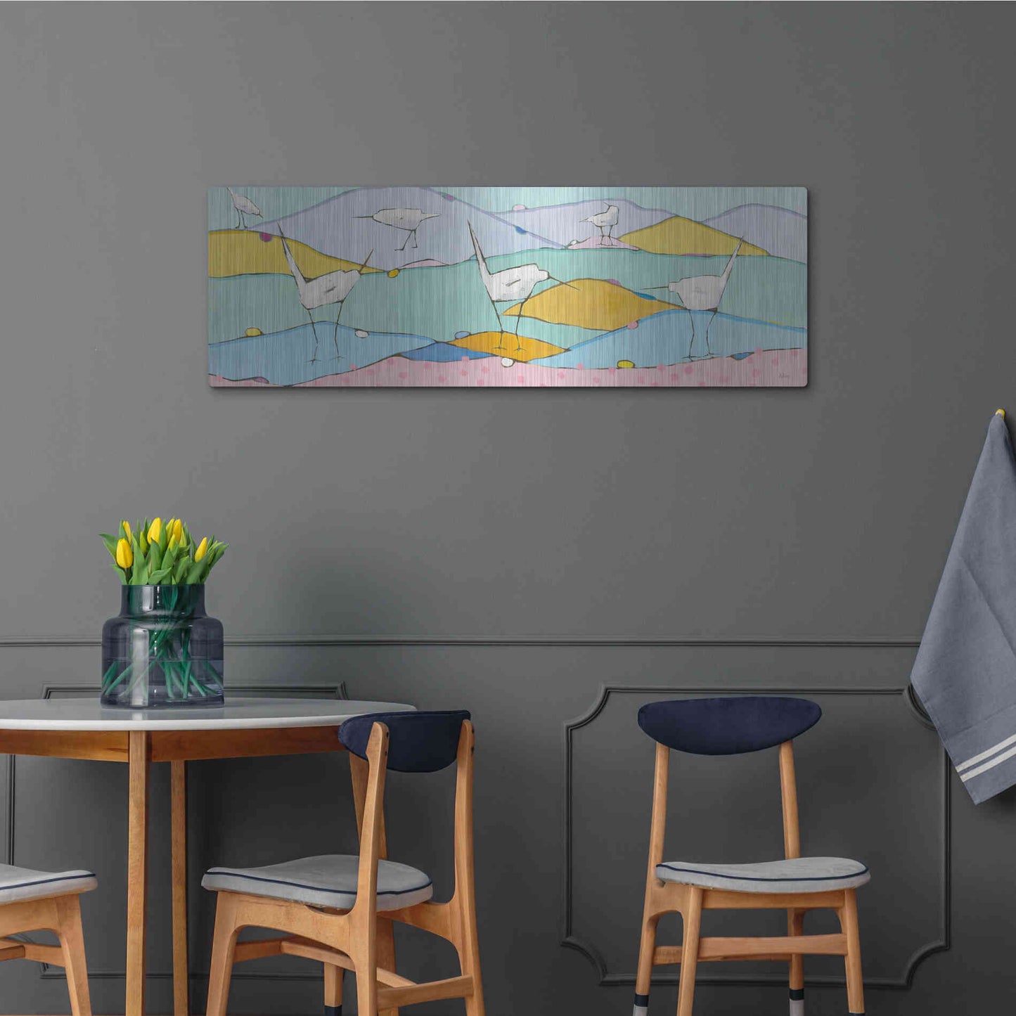 Luxe Metal Art 'Marsh Egrets I Pink Sand' by Phyllis Adams, Metal Wall Art,48x16