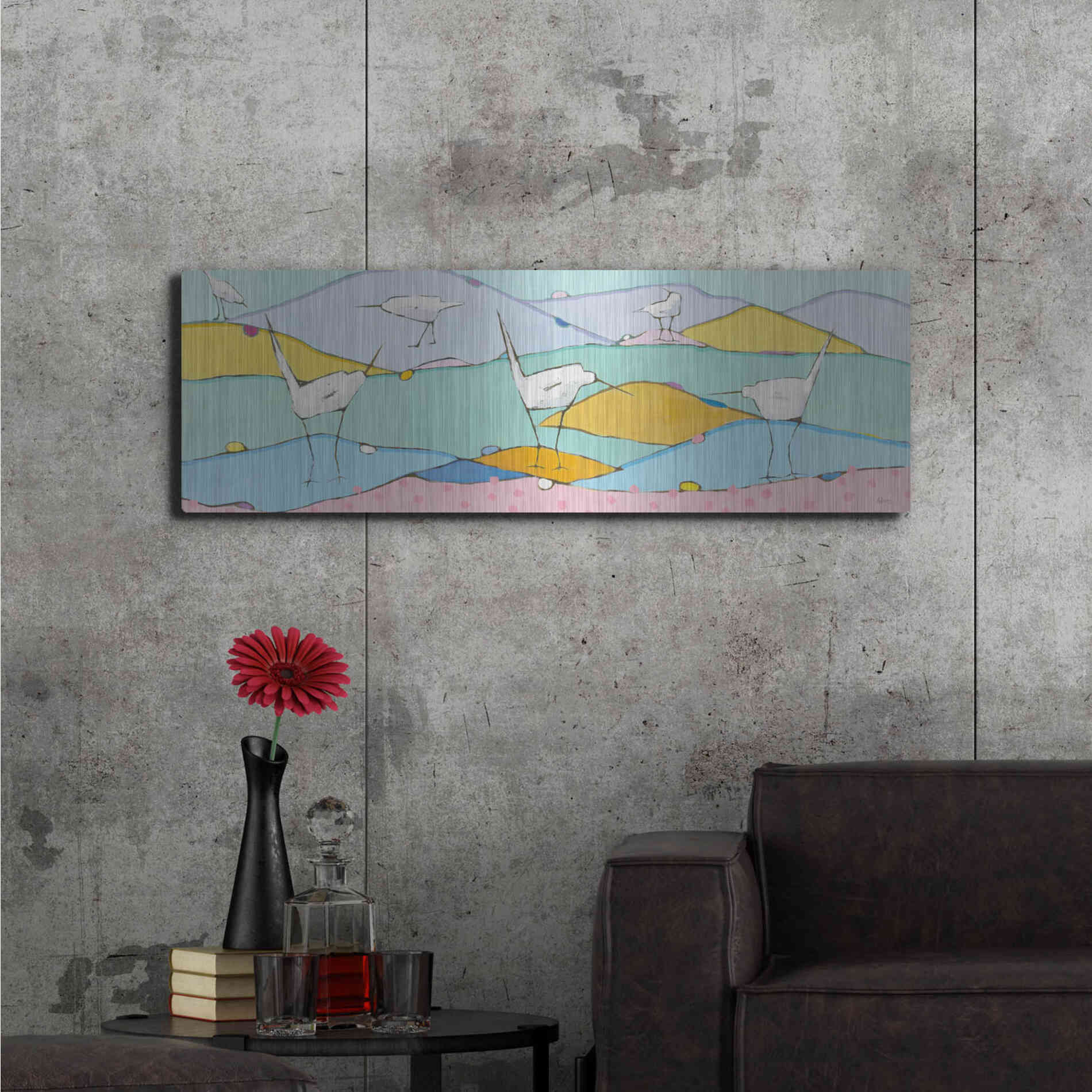 Luxe Metal Art 'Marsh Egrets I Pink Sand' by Phyllis Adams, Metal Wall Art,48x16