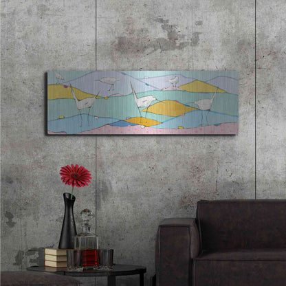 Luxe Metal Art 'Marsh Egrets I Pink Sand' by Phyllis Adams, Metal Wall Art,48x16