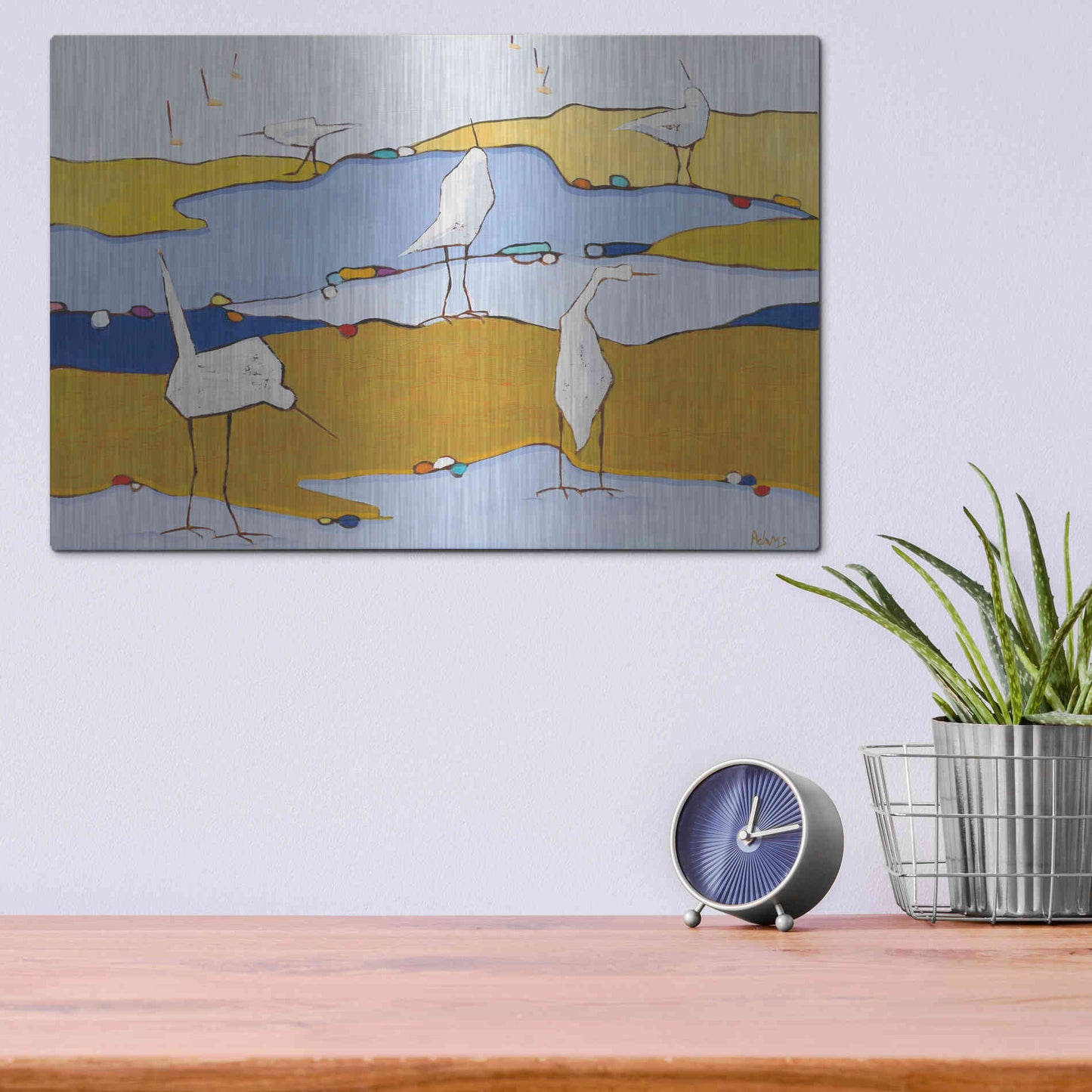 Luxe Metal Art 'Marsh Egrets VI Dark Sand' by Phyllis Adams, Metal Wall Art,16x12