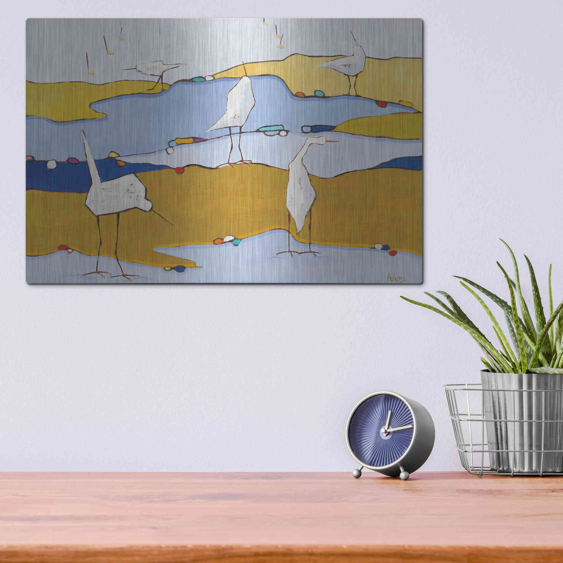 Luxe Metal Art 'Marsh Egrets VI Dark Sand' by Phyllis Adams, Metal Wall Art,16x12