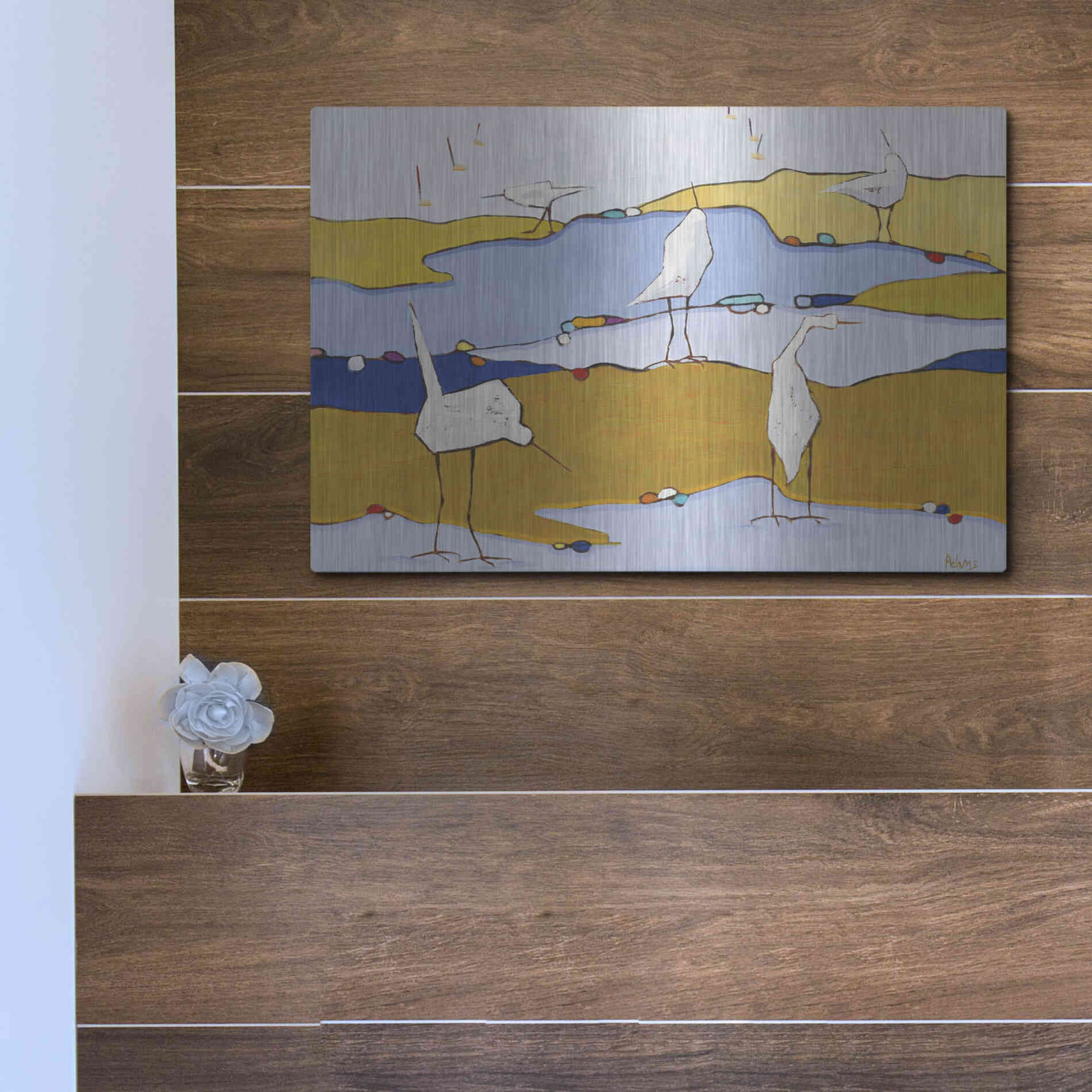 Luxe Metal Art 'Marsh Egrets VI Dark Sand' by Phyllis Adams, Metal Wall Art,16x12