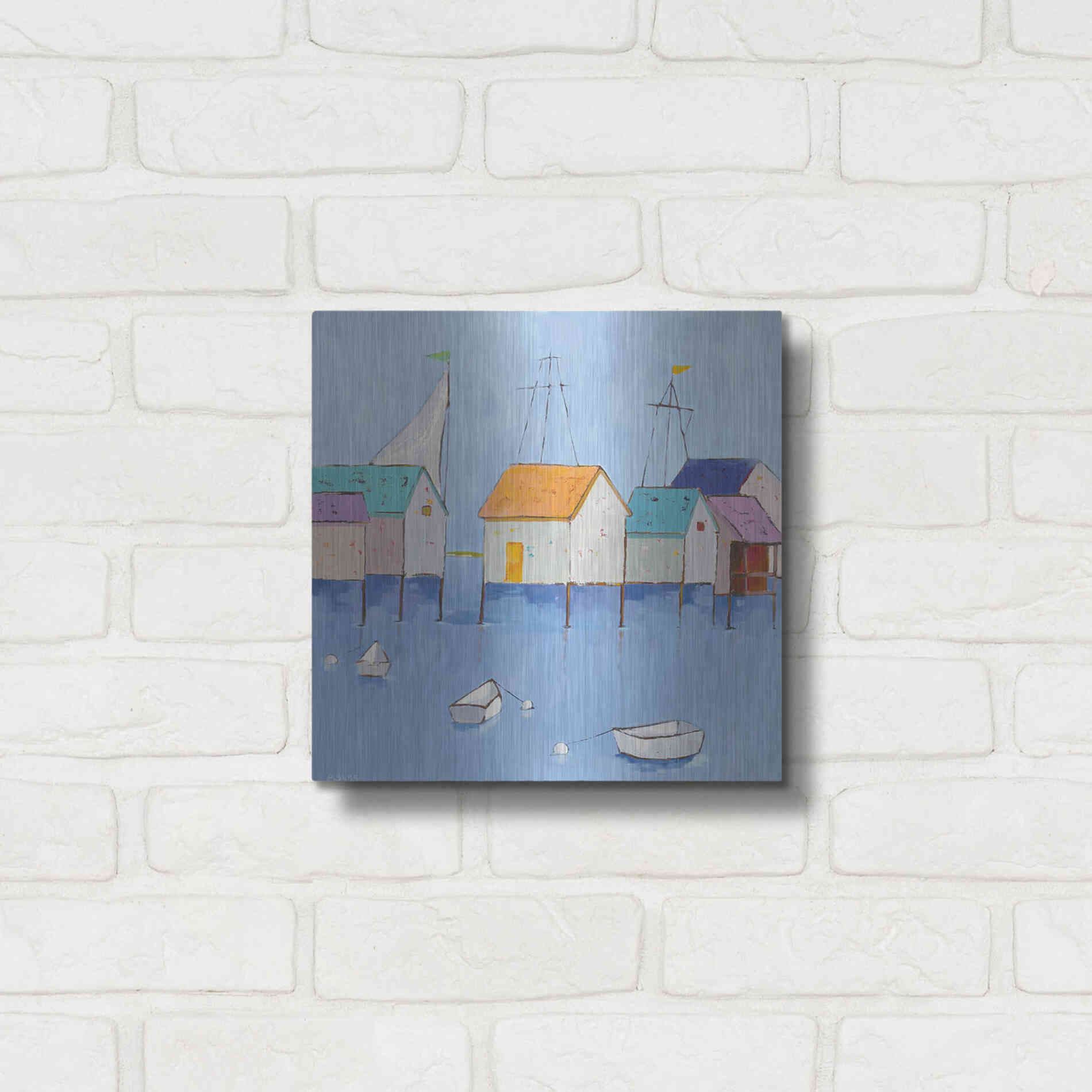 Luxe Metal Art 'Boat House Row Dark Blue Sky' by Phyllis Adams, Metal Wall Art,12x12