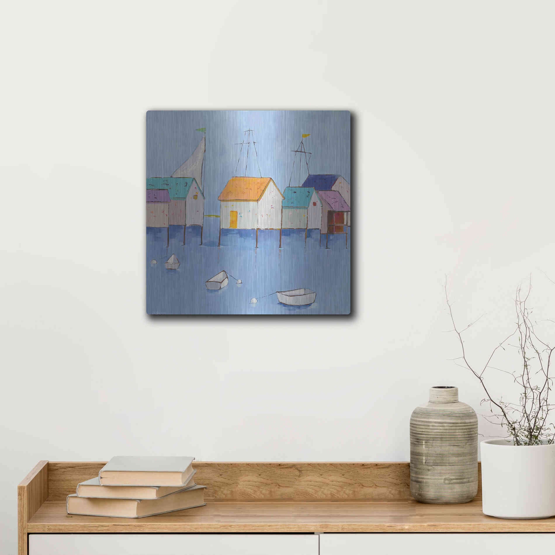 Luxe Metal Art 'Boat House Row Dark Blue Sky' by Phyllis Adams, Metal Wall Art,12x12