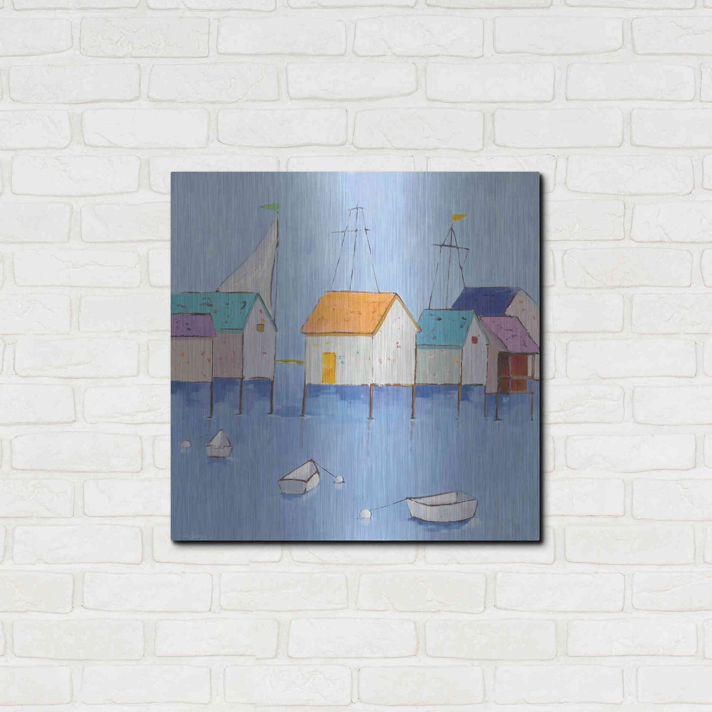 Luxe Metal Art 'Boat House Row Dark Blue Sky' by Phyllis Adams, Metal Wall Art,24x24