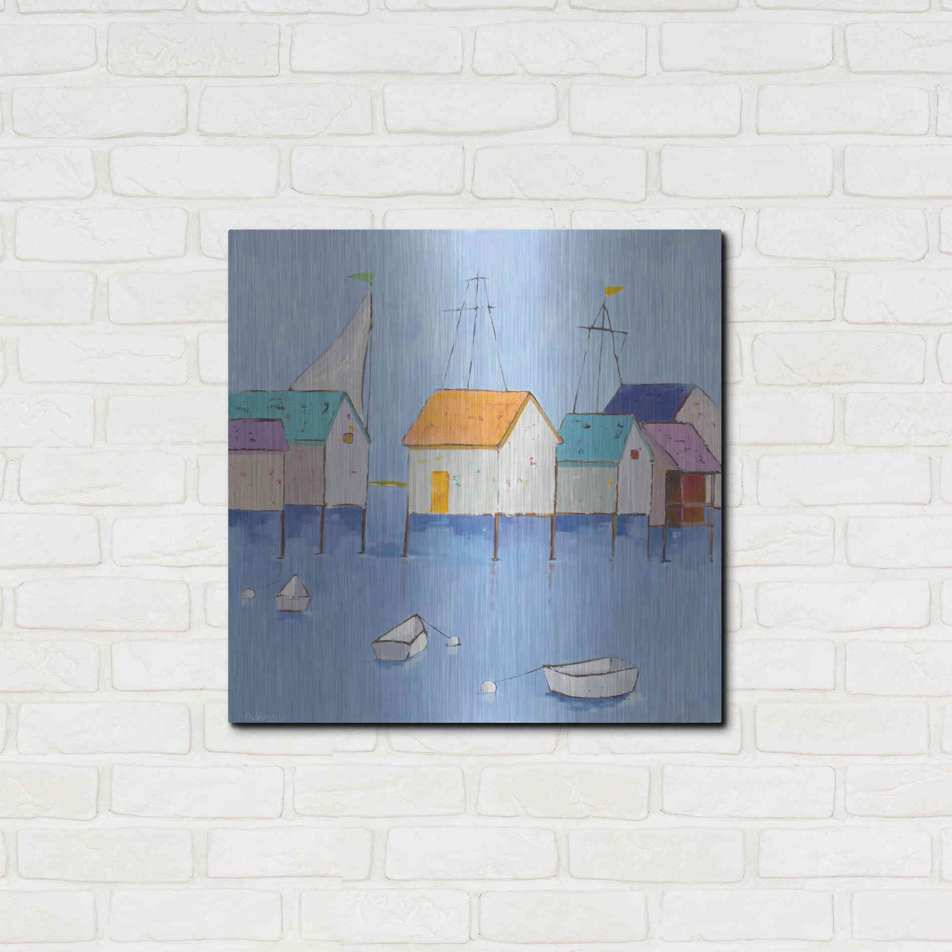 Luxe Metal Art 'Boat House Row Dark Blue Sky' by Phyllis Adams, Metal Wall Art,24x24
