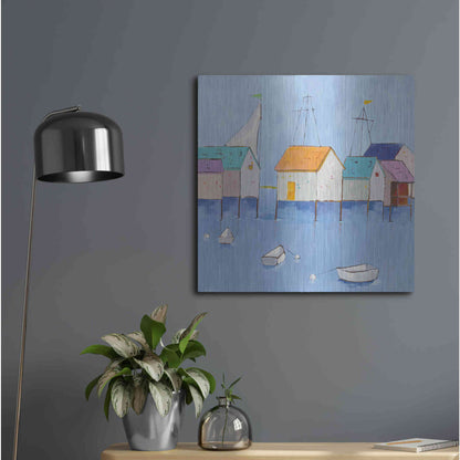 Luxe Metal Art 'Boat House Row Dark Blue Sky' by Phyllis Adams, Metal Wall Art,24x24