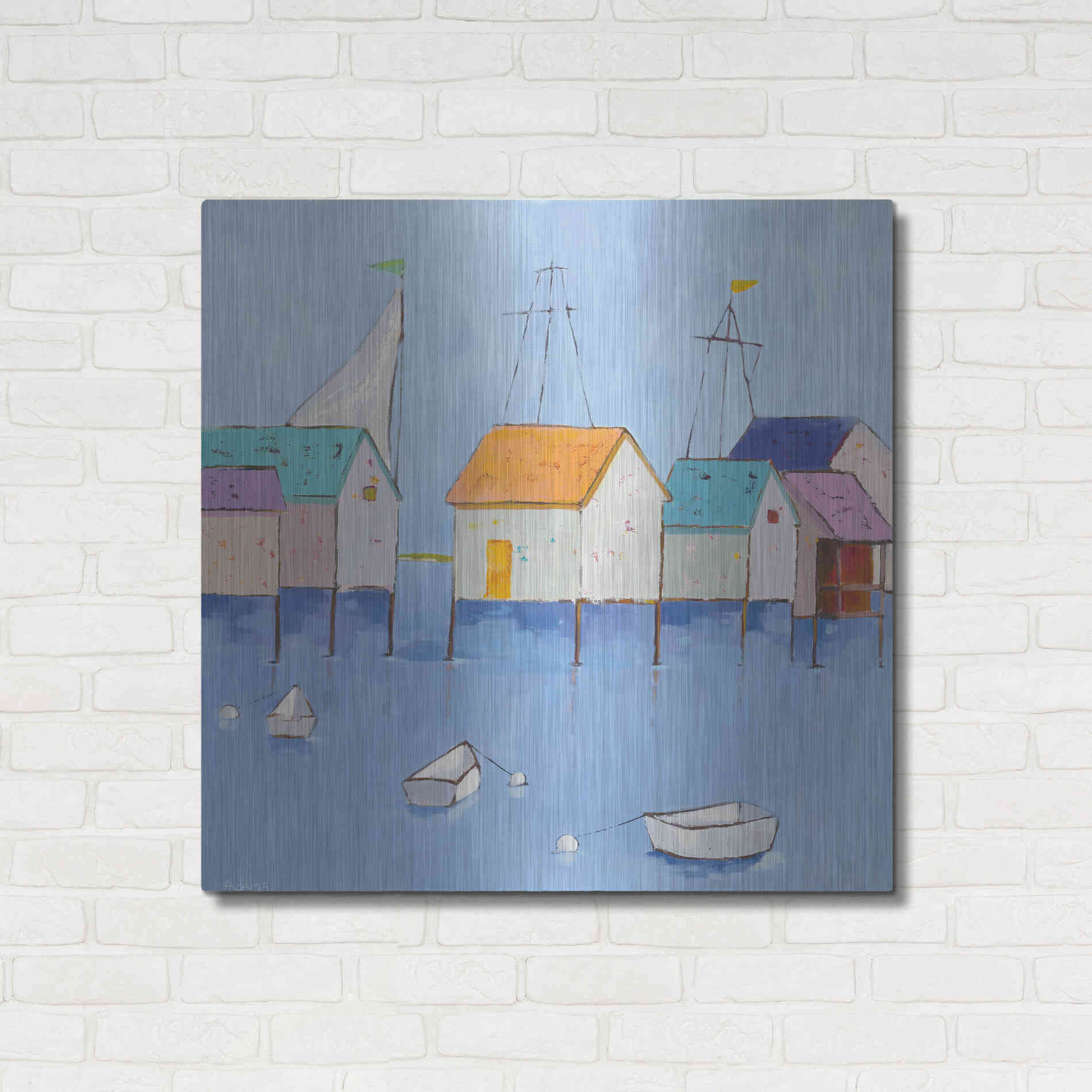 Luxe Metal Art 'Boat House Row Dark Blue Sky' by Phyllis Adams, Metal Wall Art,36x36