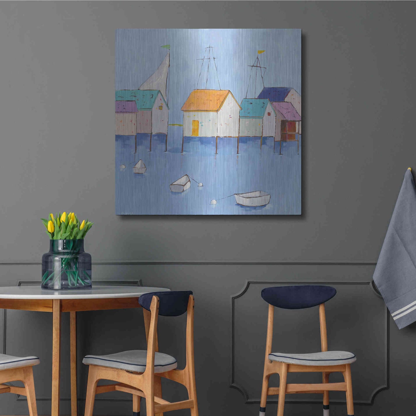 Luxe Metal Art 'Boat House Row Dark Blue Sky' by Phyllis Adams, Metal Wall Art,36x36