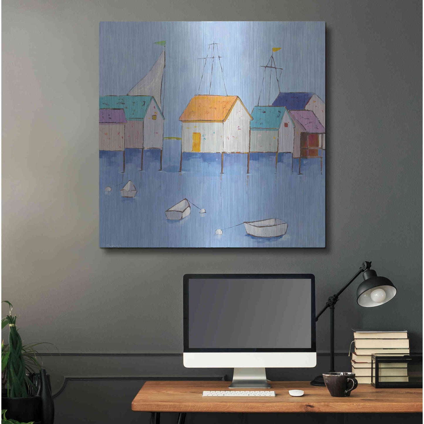 Luxe Metal Art 'Boat House Row Dark Blue Sky' by Phyllis Adams, Metal Wall Art,36x36