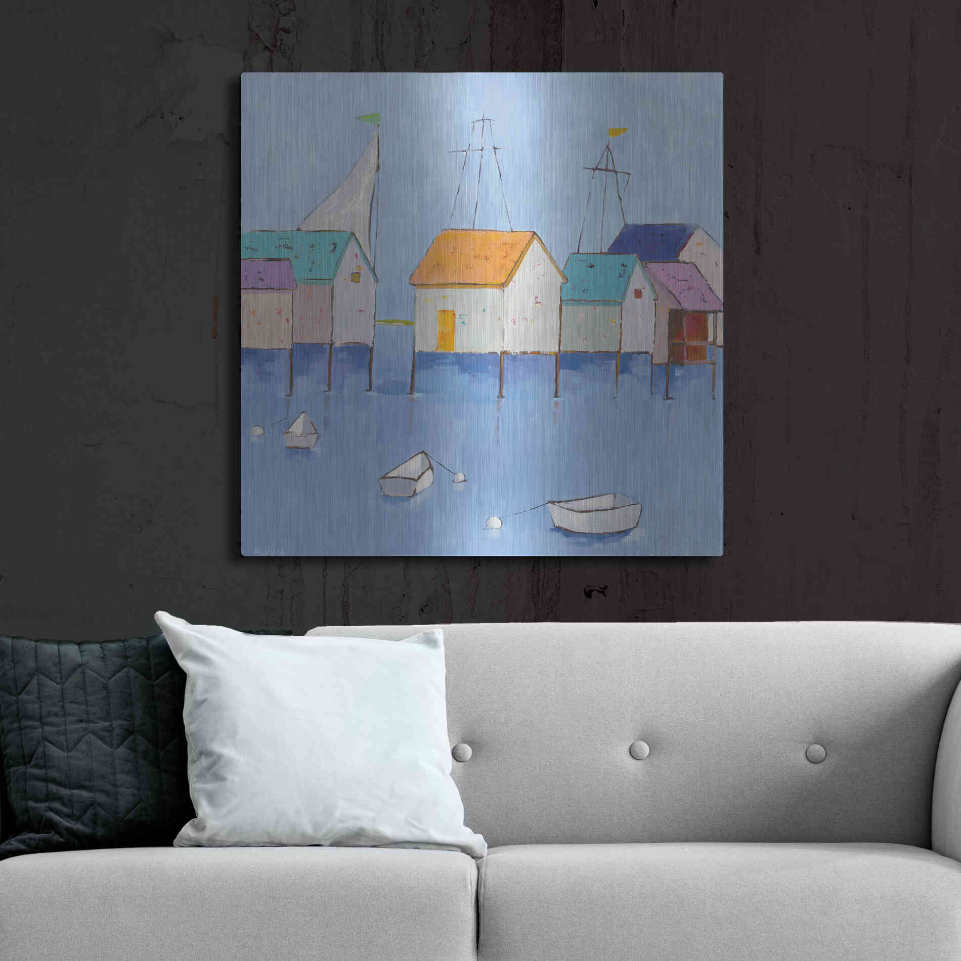 Luxe Metal Art 'Boat House Row Dark Blue Sky' by Phyllis Adams, Metal Wall Art,36x36