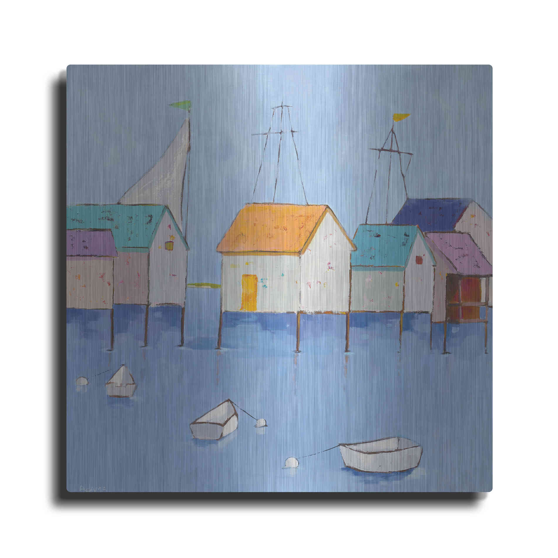 Luxe Metal Art 'Boat House Row Dark Blue Sky' by Phyllis Adams, Metal Wall Art