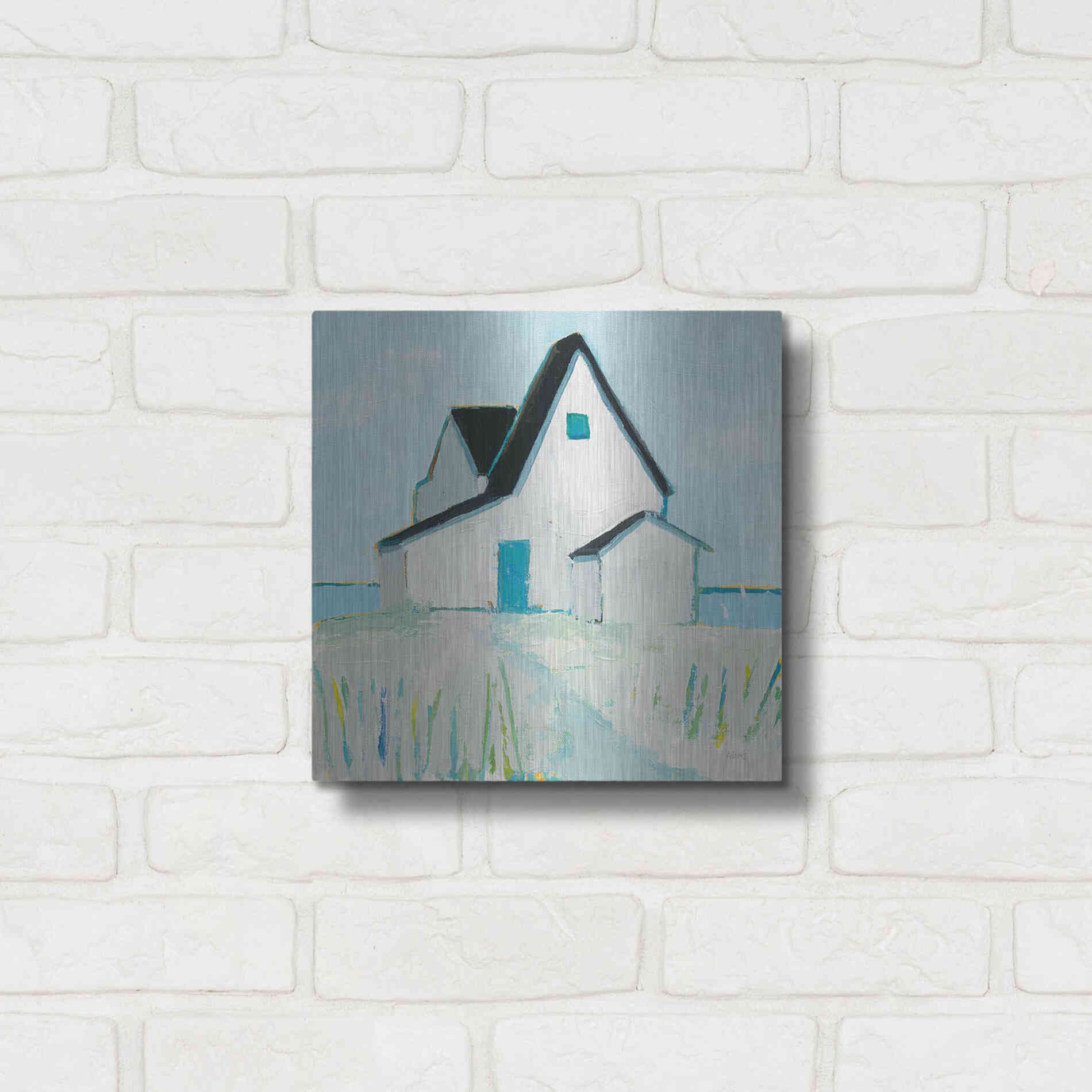 Luxe Metal Art 'Cottage' by the Sea Neutral' by Phyllis Adams, Metal Wall Art,12x12