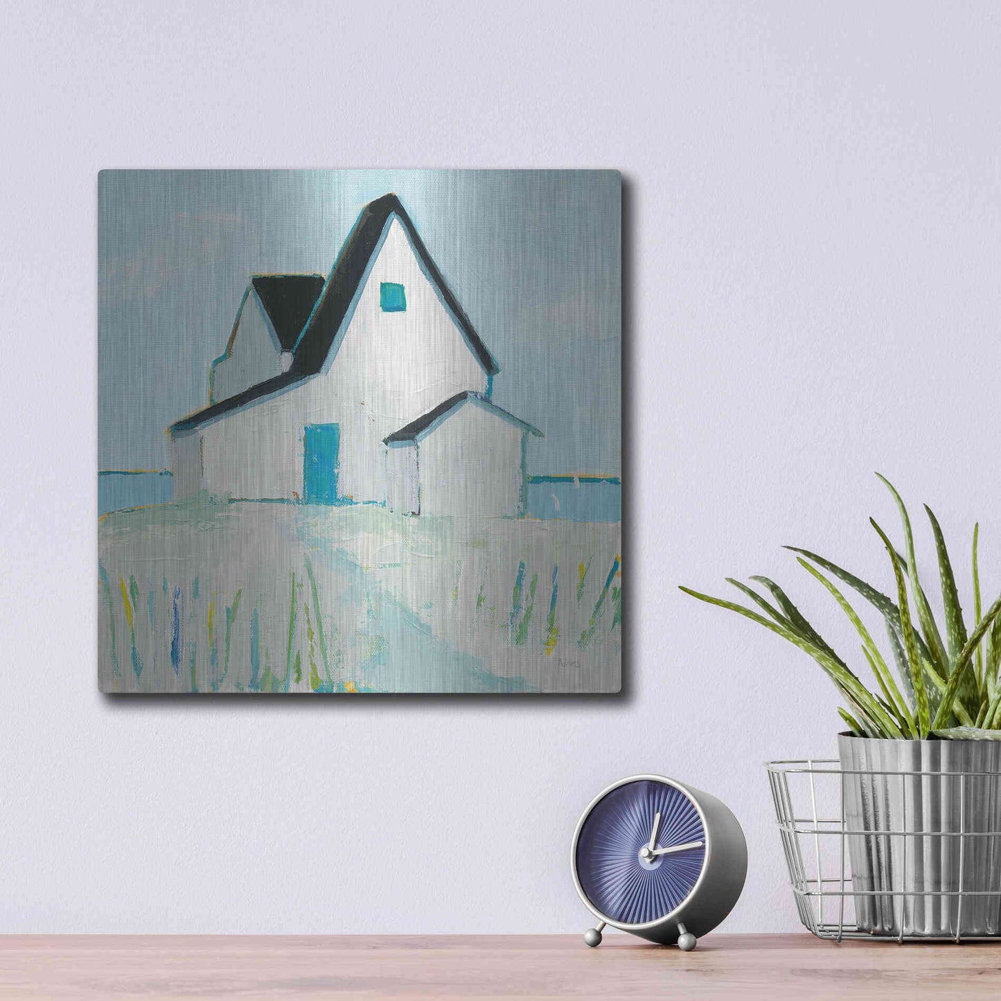 Luxe Metal Art 'Cottage' by the Sea Neutral' by Phyllis Adams, Metal Wall Art,12x12