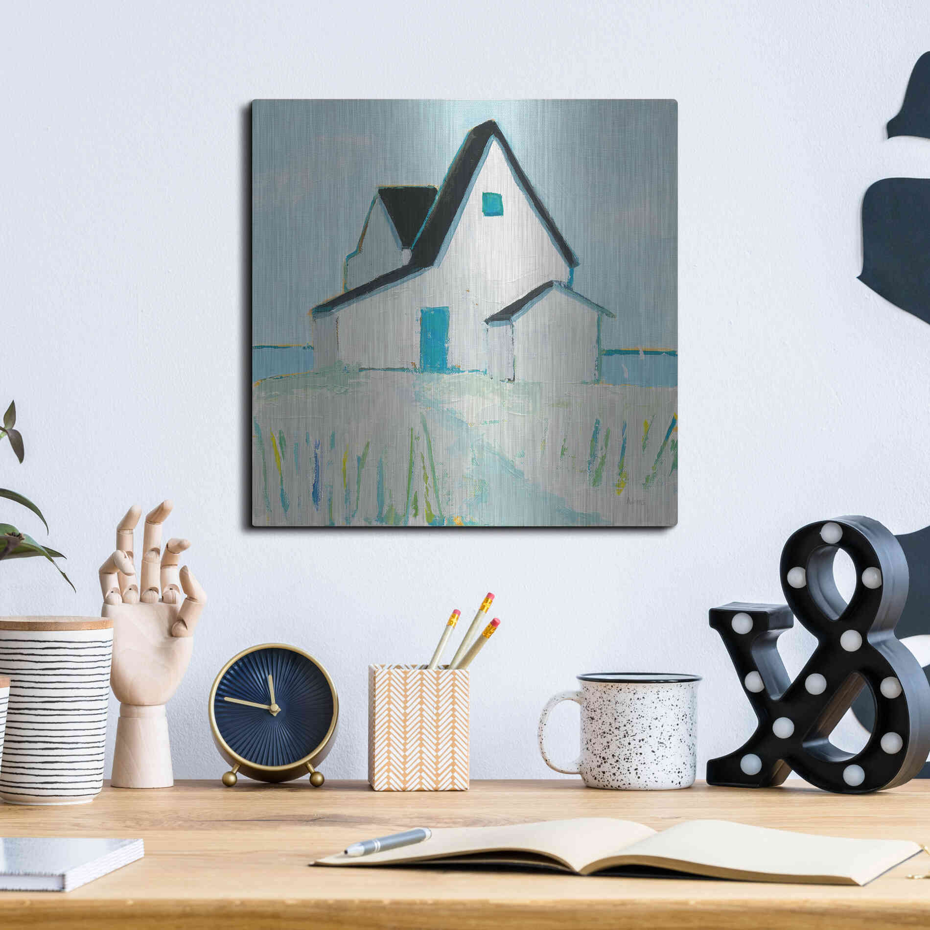 Luxe Metal Art 'Cottage' by the Sea Neutral' by Phyllis Adams, Metal Wall Art,12x12