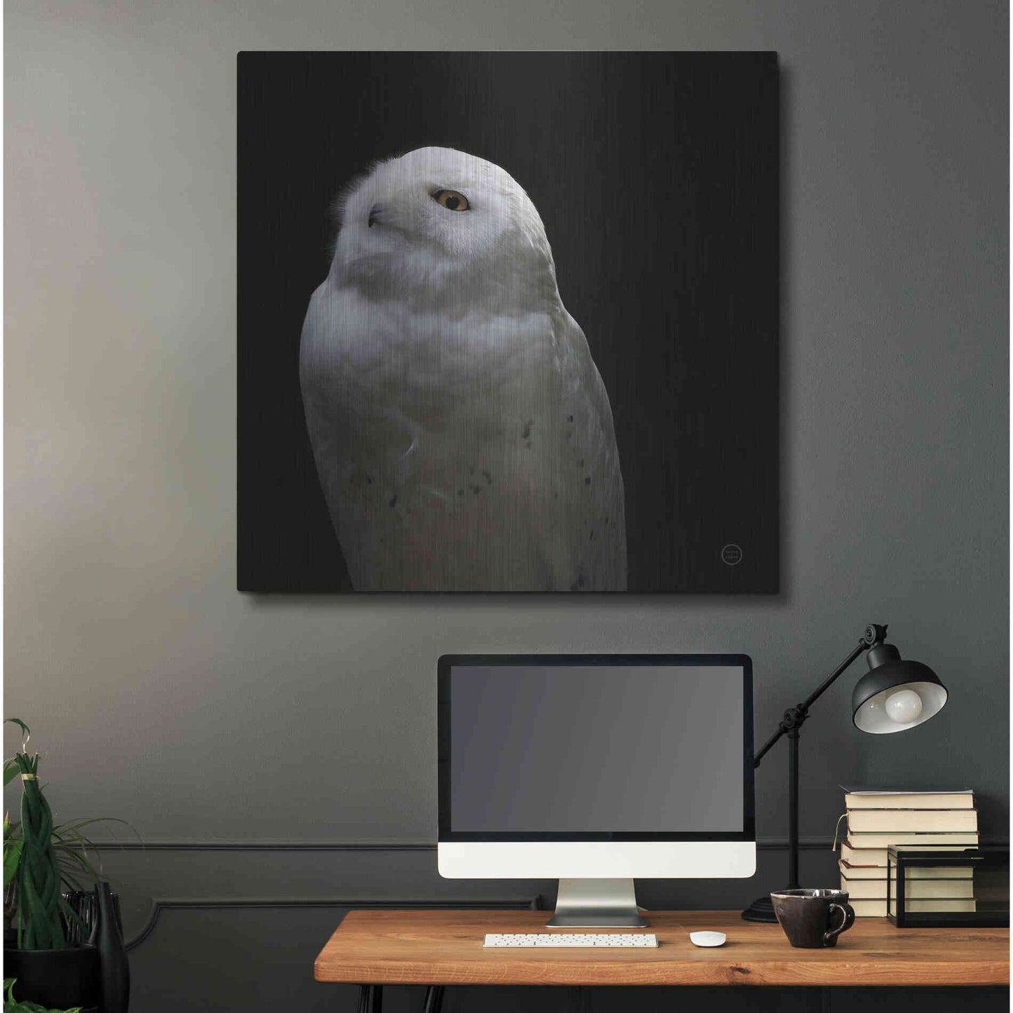 Luxe Metal Art 'Snowy Owl Looks to the Sun' by Nathan Larson, Metal Wall Art,36x36