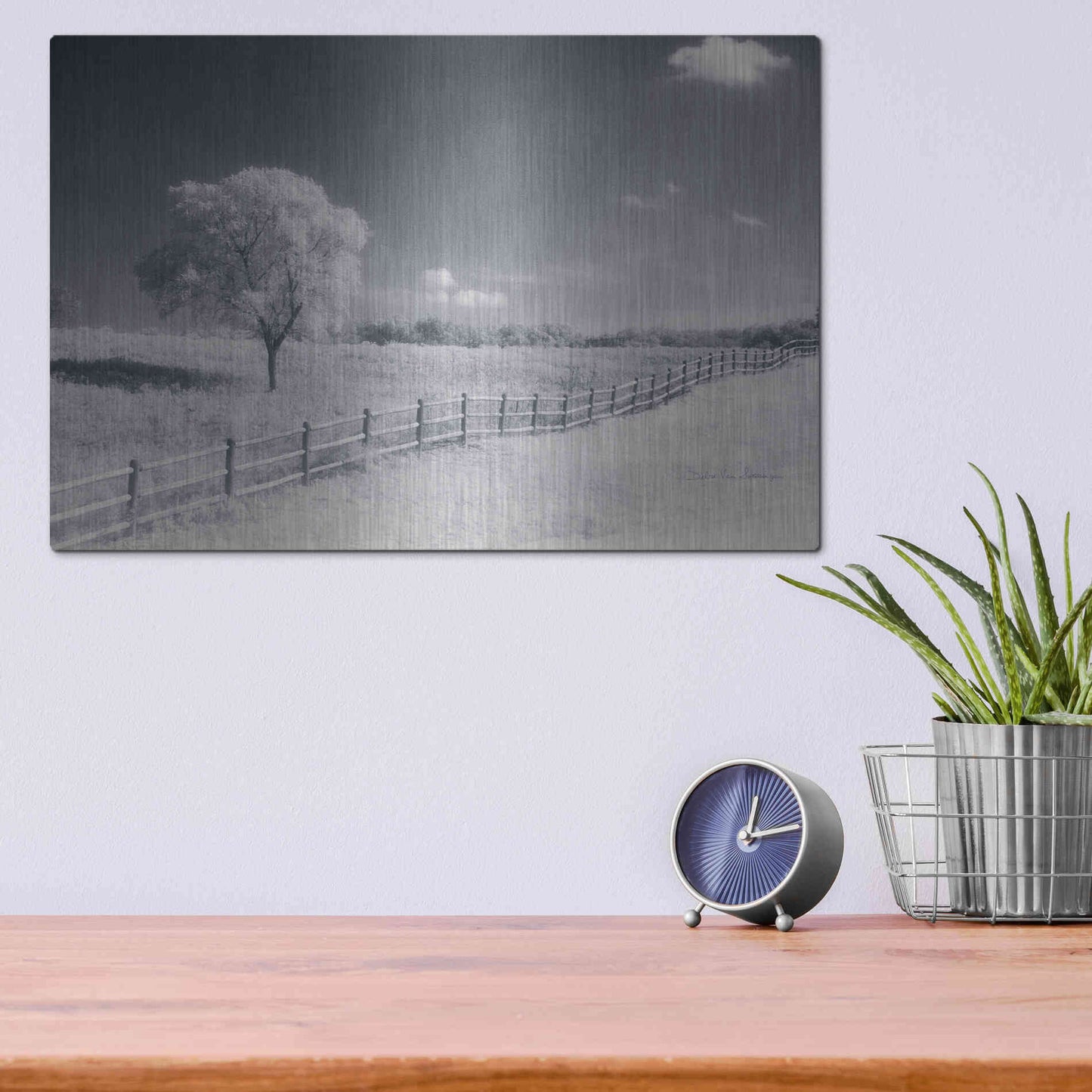 Luxe Metal Art 'Trees Fence I' by Debra Van Swearingen, Metal Wall Art,16x12