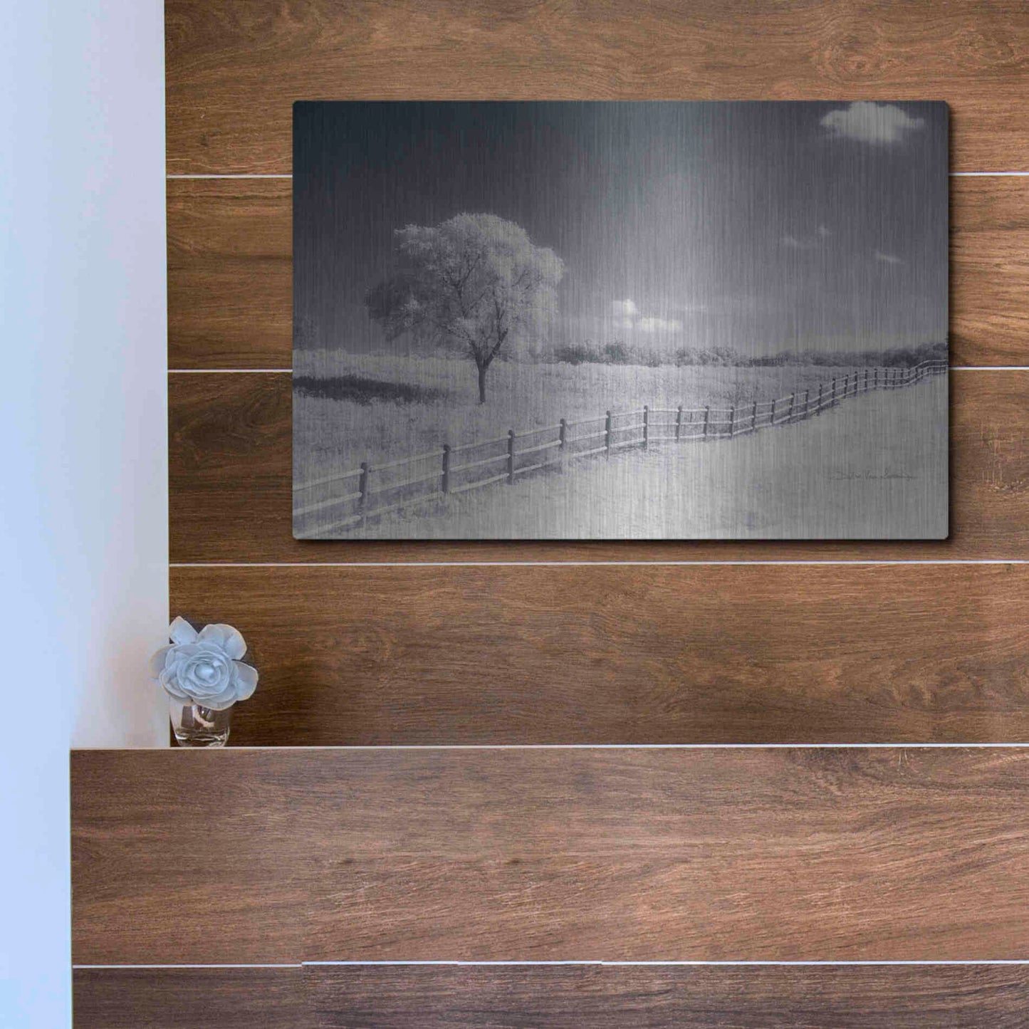 Luxe Metal Art 'Trees Fence I' by Debra Van Swearingen, Metal Wall Art,16x12
