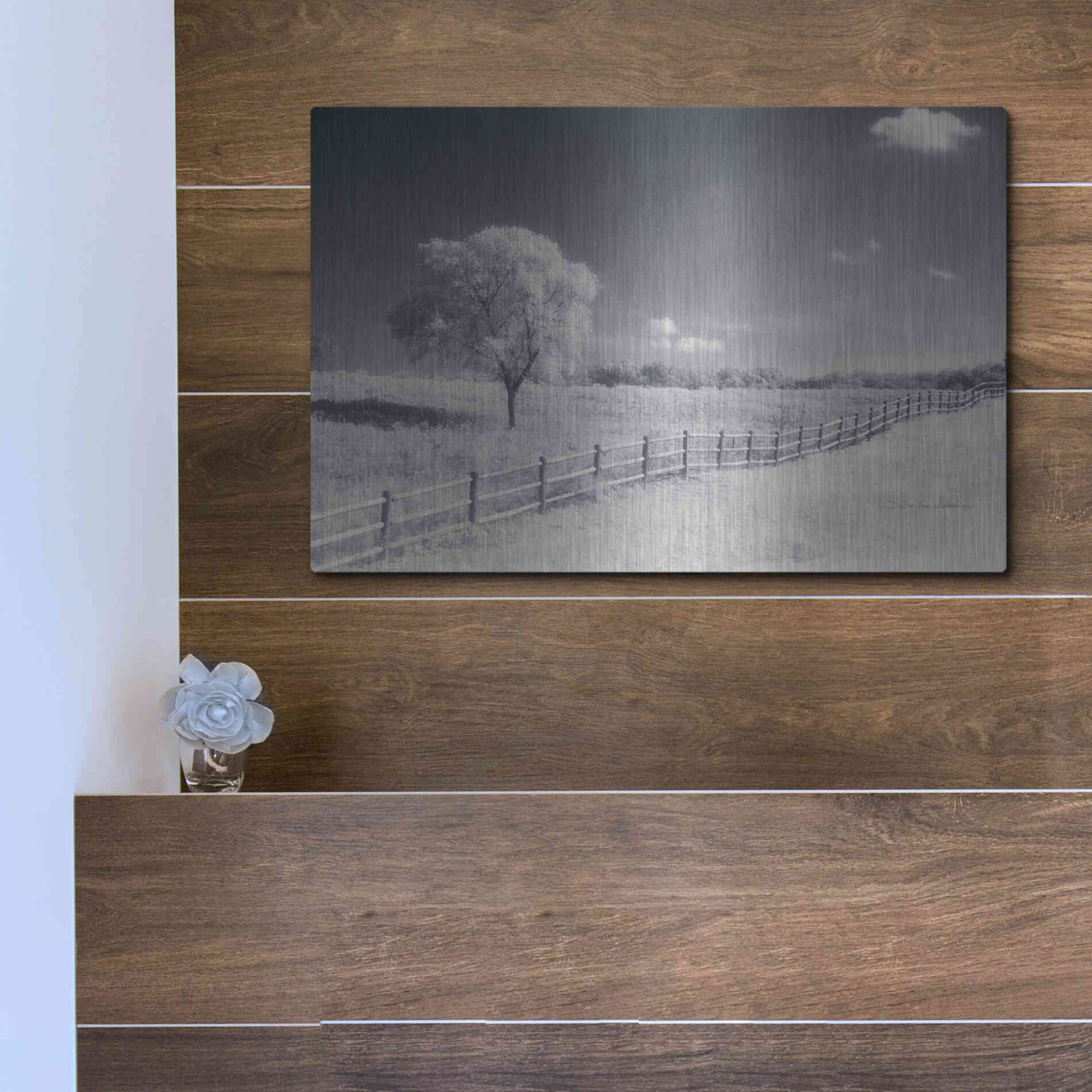 Luxe Metal Art 'Trees Fence I' by Debra Van Swearingen, Metal Wall Art,16x12