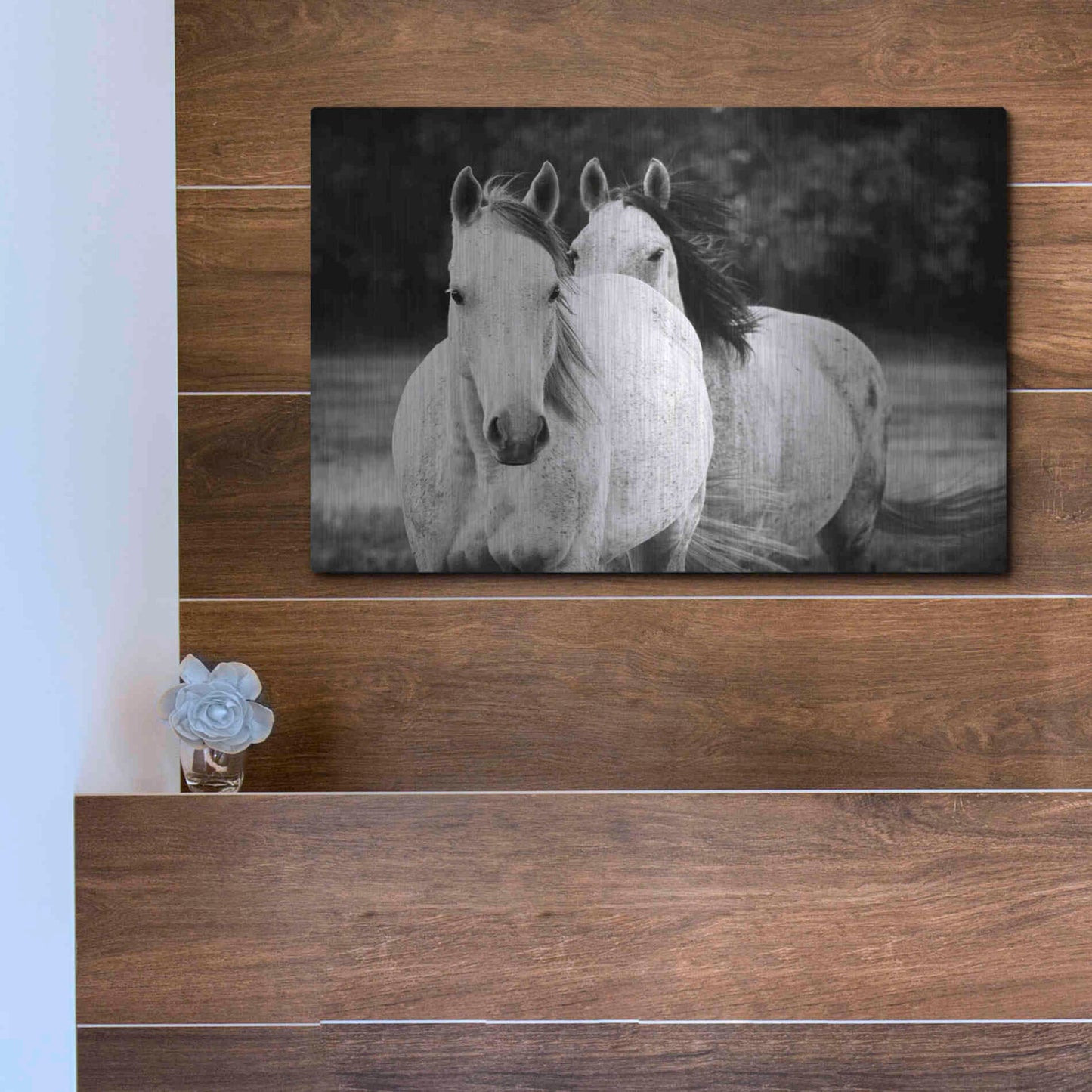 Luxe Metal Art 'Two Wild Horses BW' by Debra Van Swearingen, Metal Wall Art,16x12