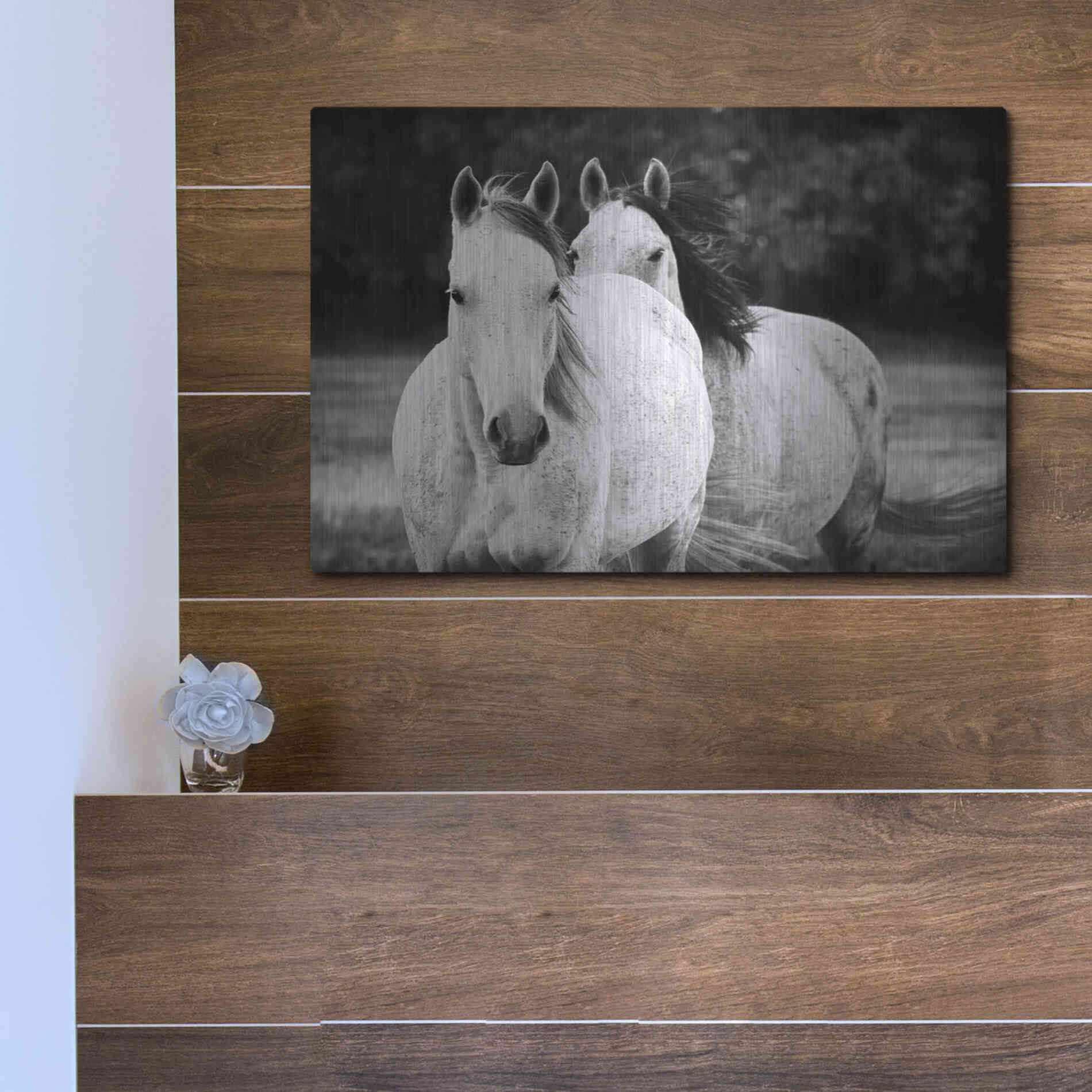 Luxe Metal Art 'Two Wild Horses BW' by Debra Van Swearingen, Metal Wall Art,16x12