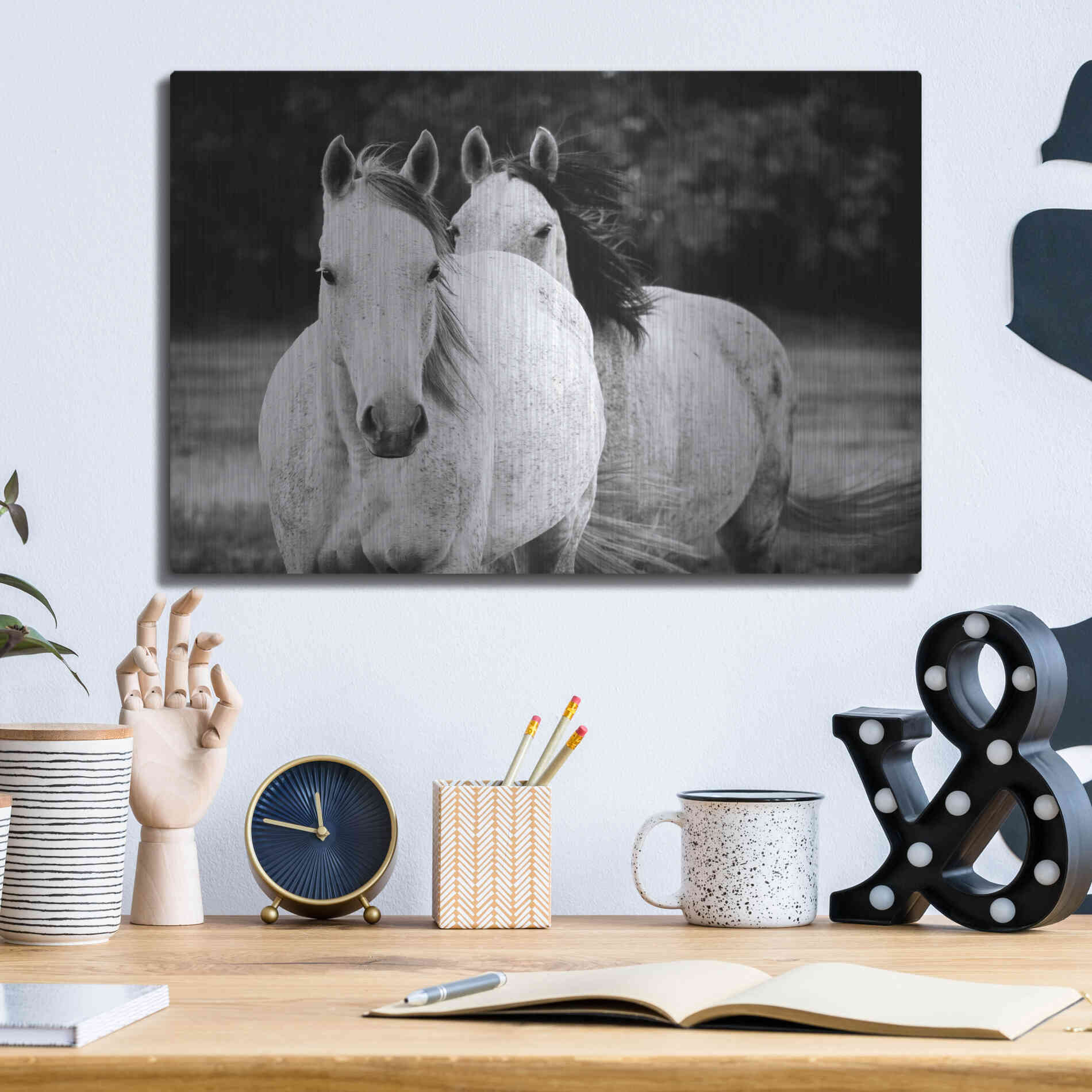 Luxe Metal Art 'Two Wild Horses BW' by Debra Van Swearingen, Metal Wall Art,16x12