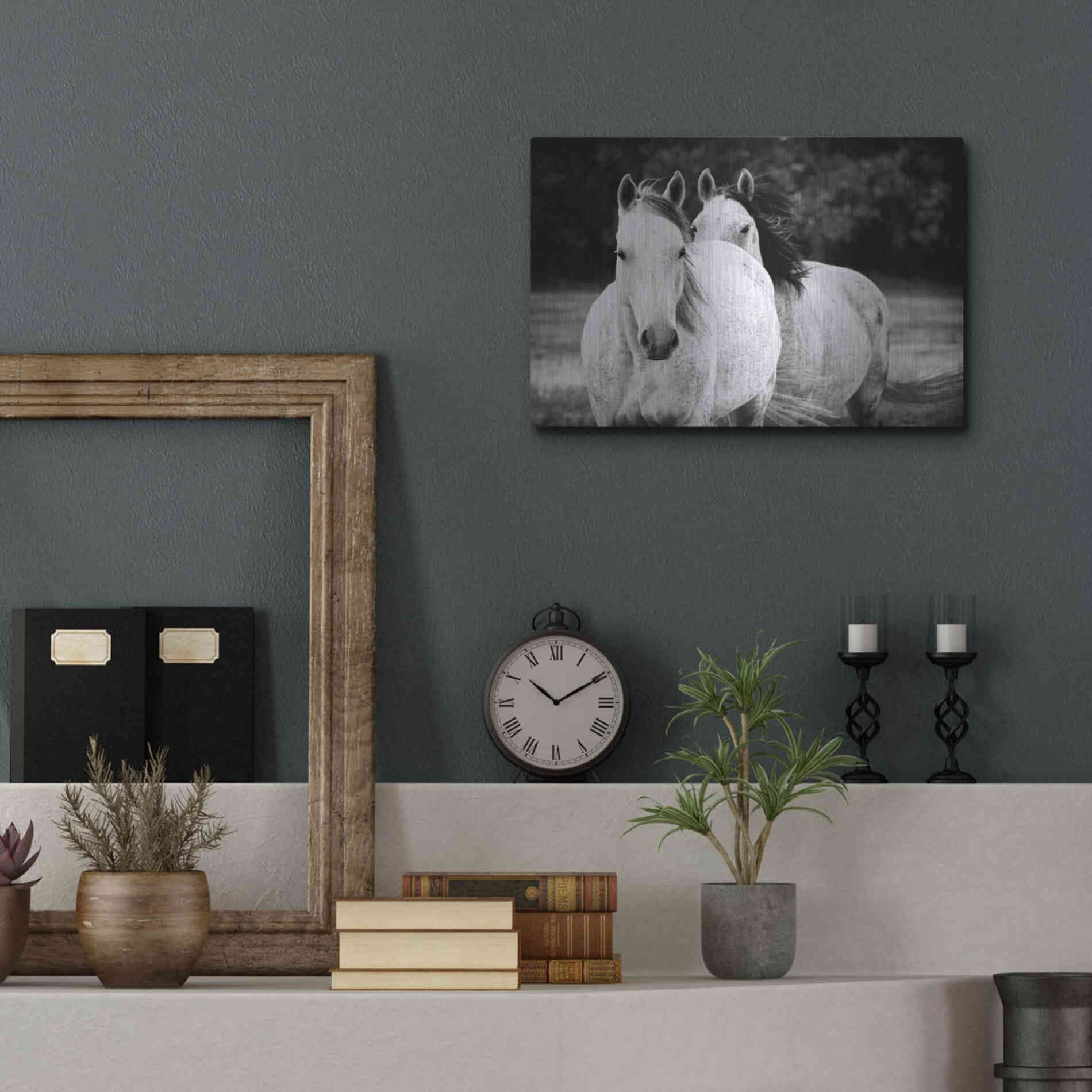 Luxe Metal Art 'Two Wild Horses BW' by Debra Van Swearingen, Metal Wall Art,16x12