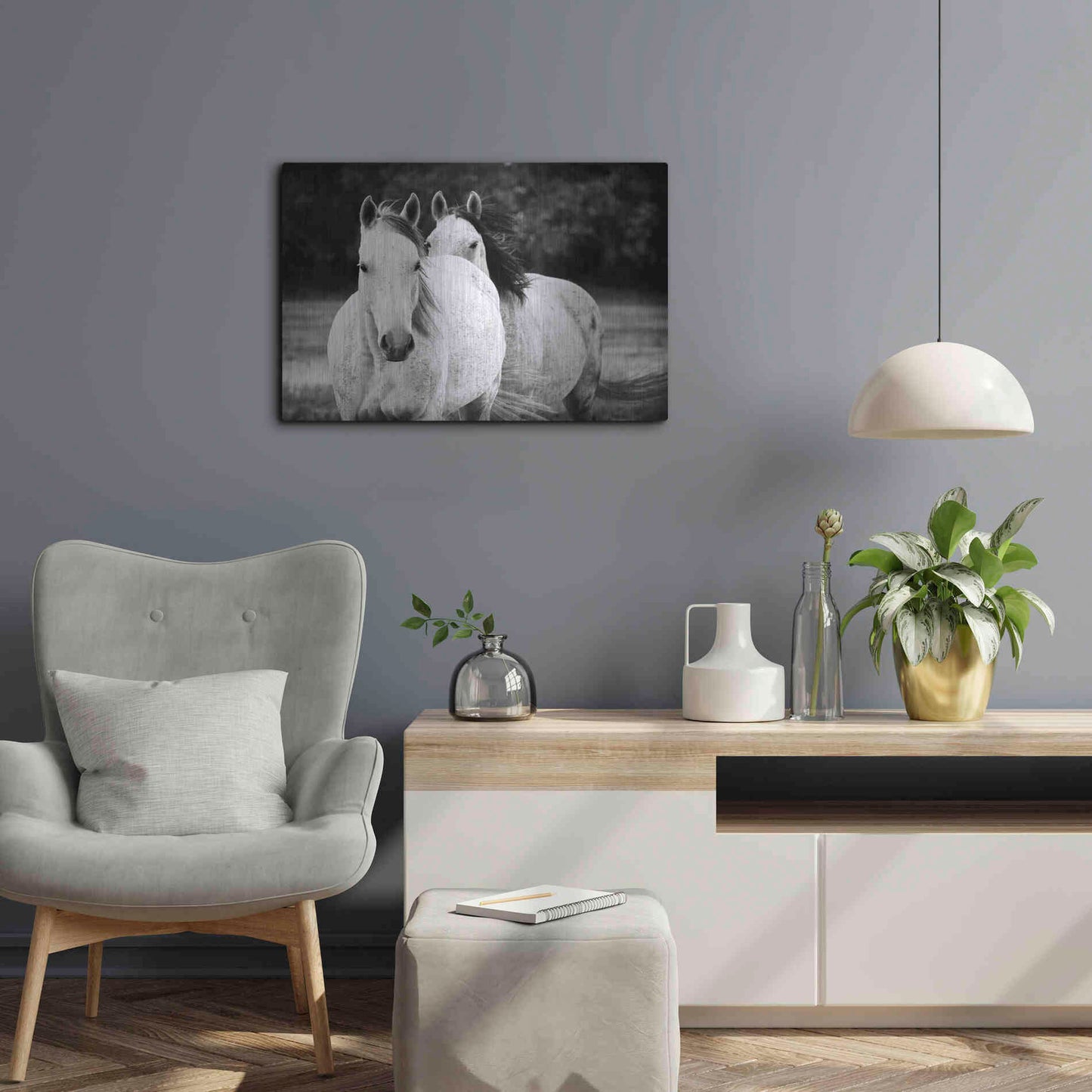 Luxe Metal Art 'Two Wild Horses BW' by Debra Van Swearingen, Metal Wall Art,24x16
