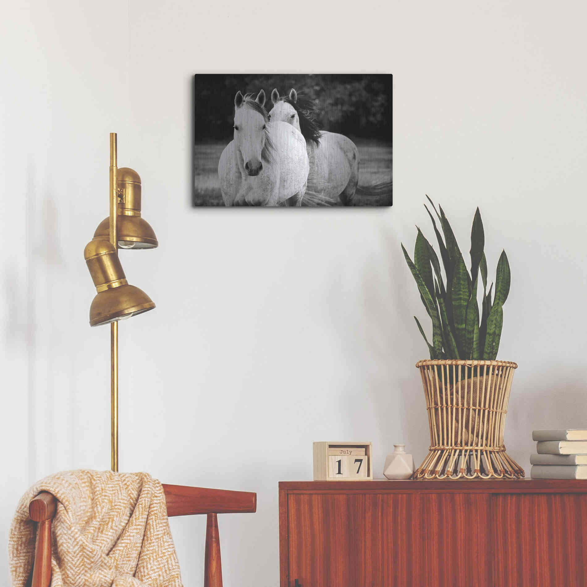 Luxe Metal Art 'Two Wild Horses BW' by Debra Van Swearingen, Metal Wall Art,24x16