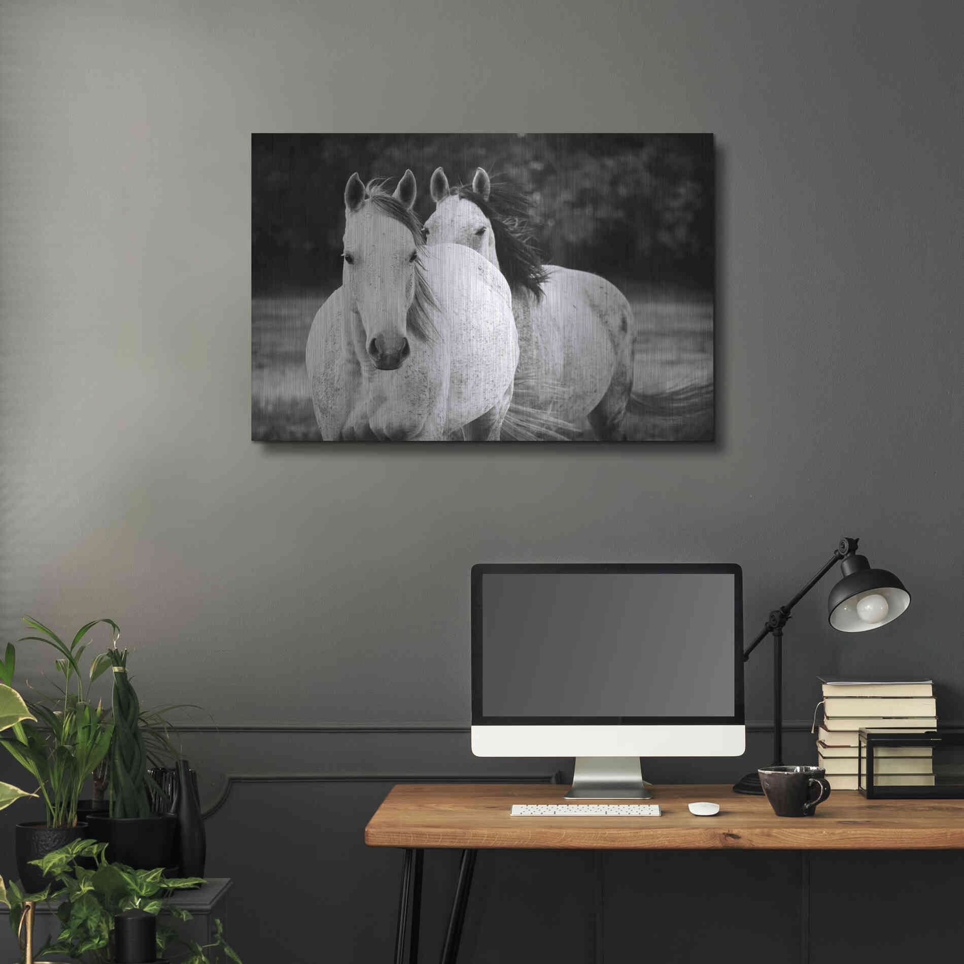 Luxe Metal Art 'Two Wild Horses BW' by Debra Van Swearingen, Metal Wall Art,36x24