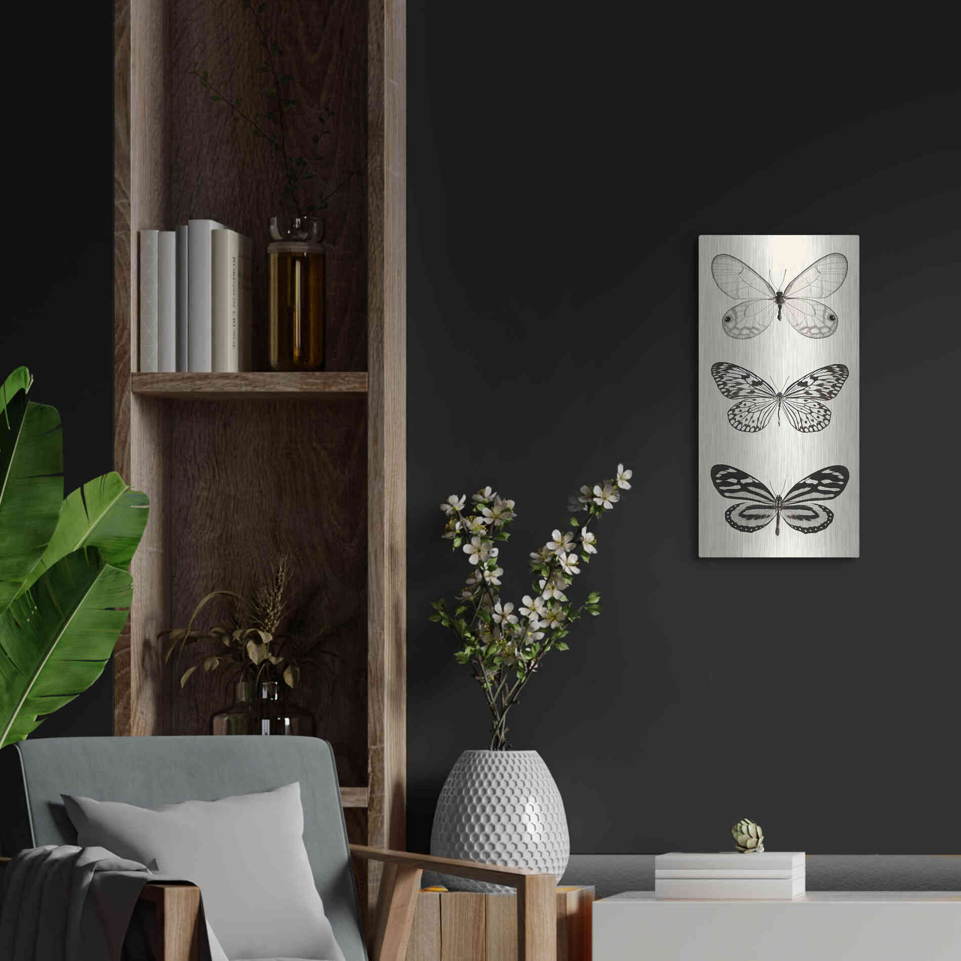 Luxe Metal Art 'Butterfly BW Panel II' by Debra Van Swearingen, Metal Wall Art,12x24