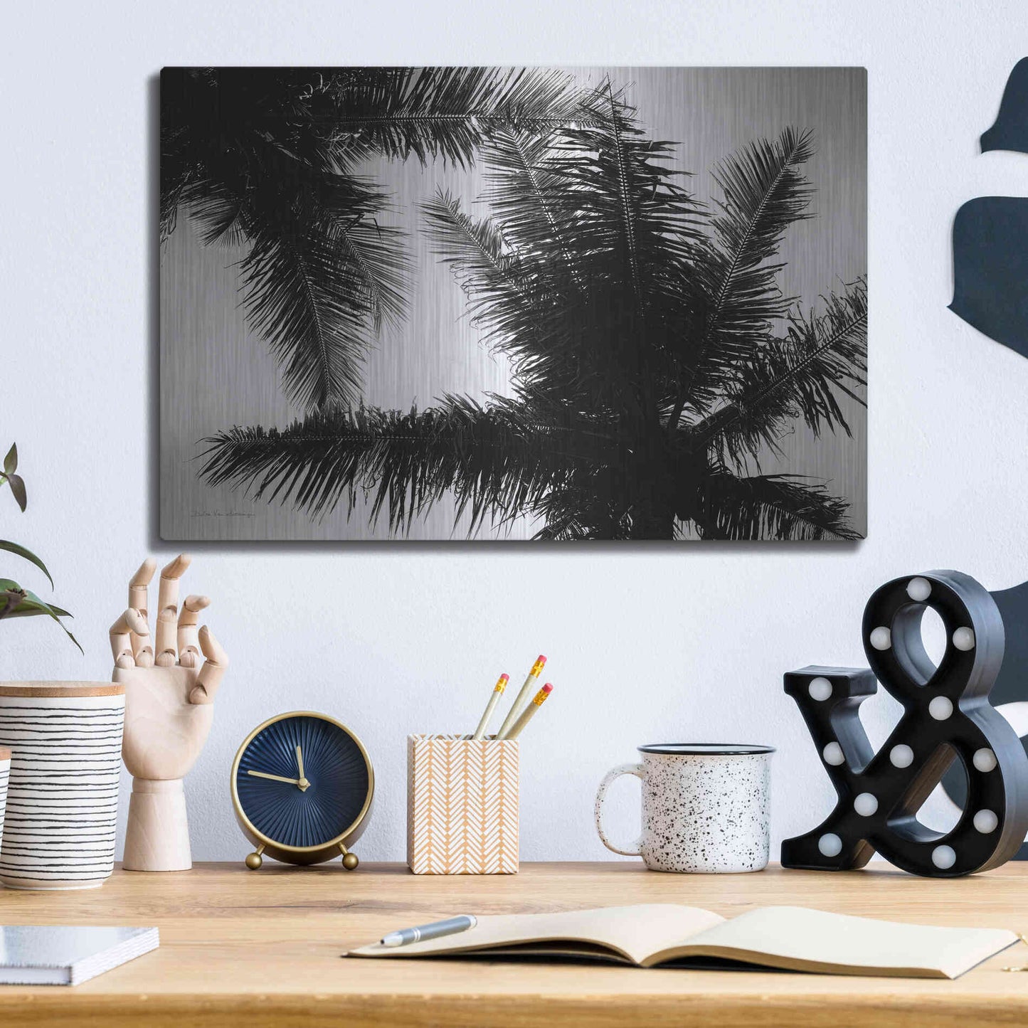Luxe Metal Art 'Palm Tree Looking Up I' by Debra Van Swearingen, Metal Wall Art,16x12