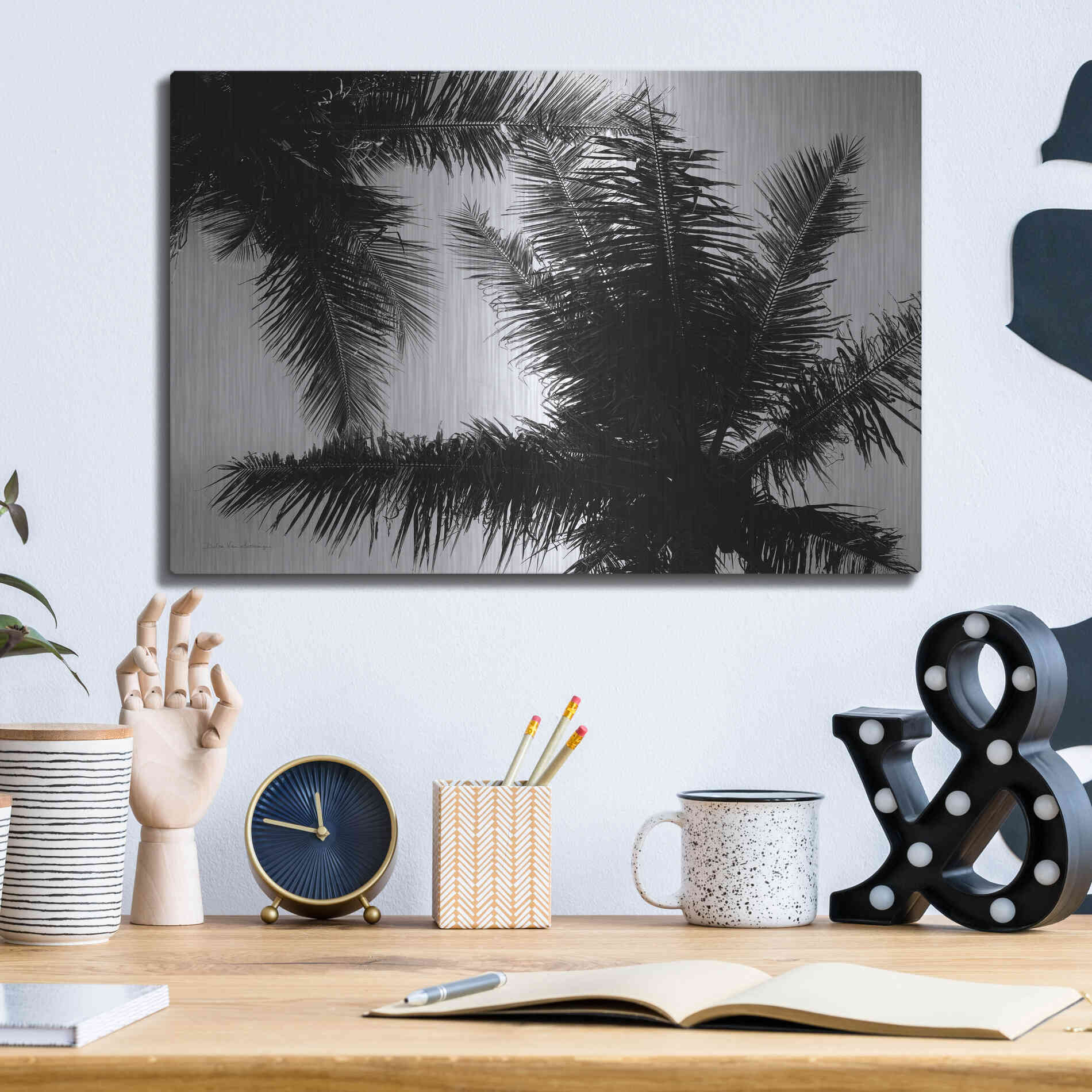 Luxe Metal Art 'Palm Tree Looking Up I' by Debra Van Swearingen, Metal Wall Art,16x12