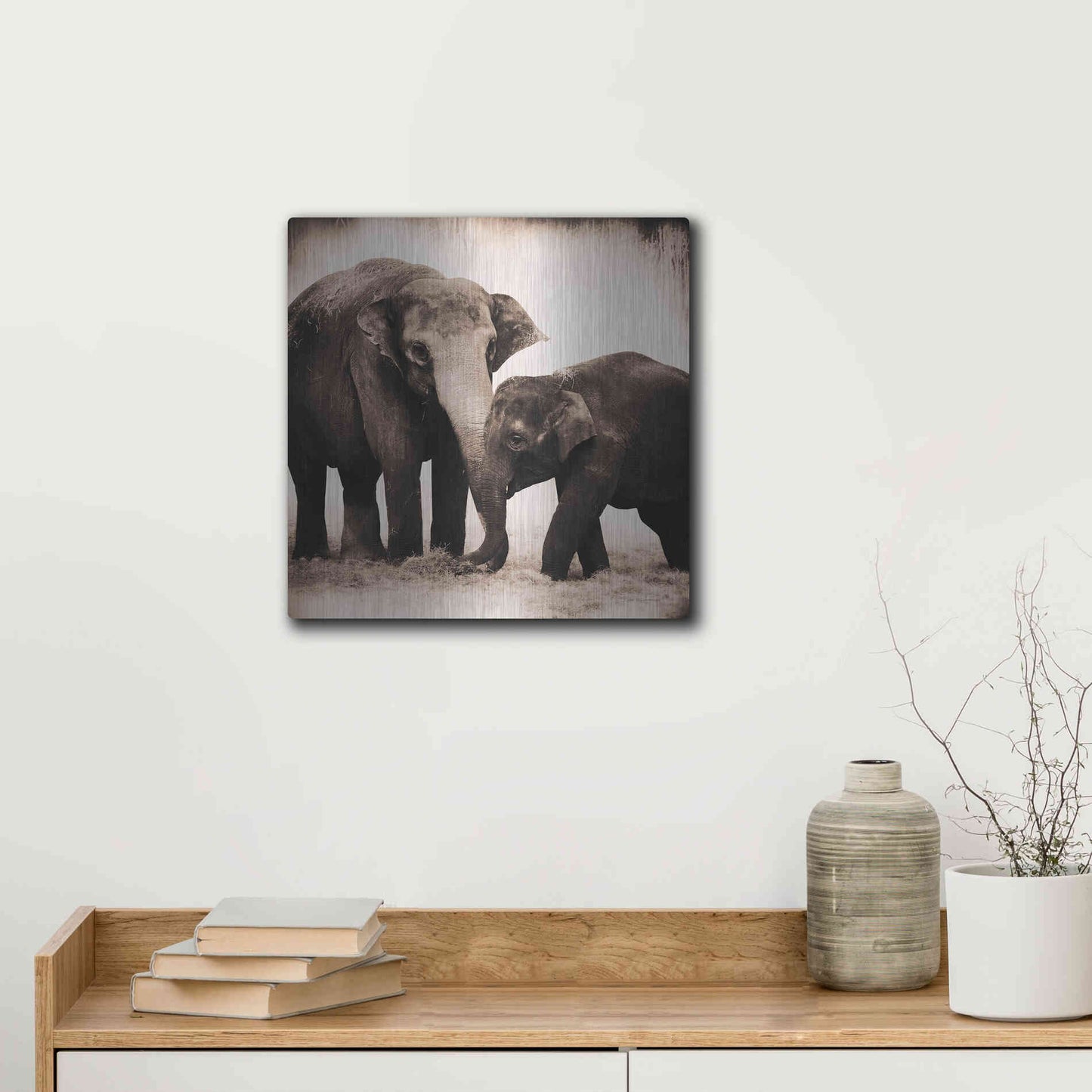 Luxe Metal Art 'Elephant III Sepia' by Debra Van Swearingen, Metal Wall Art,12x12