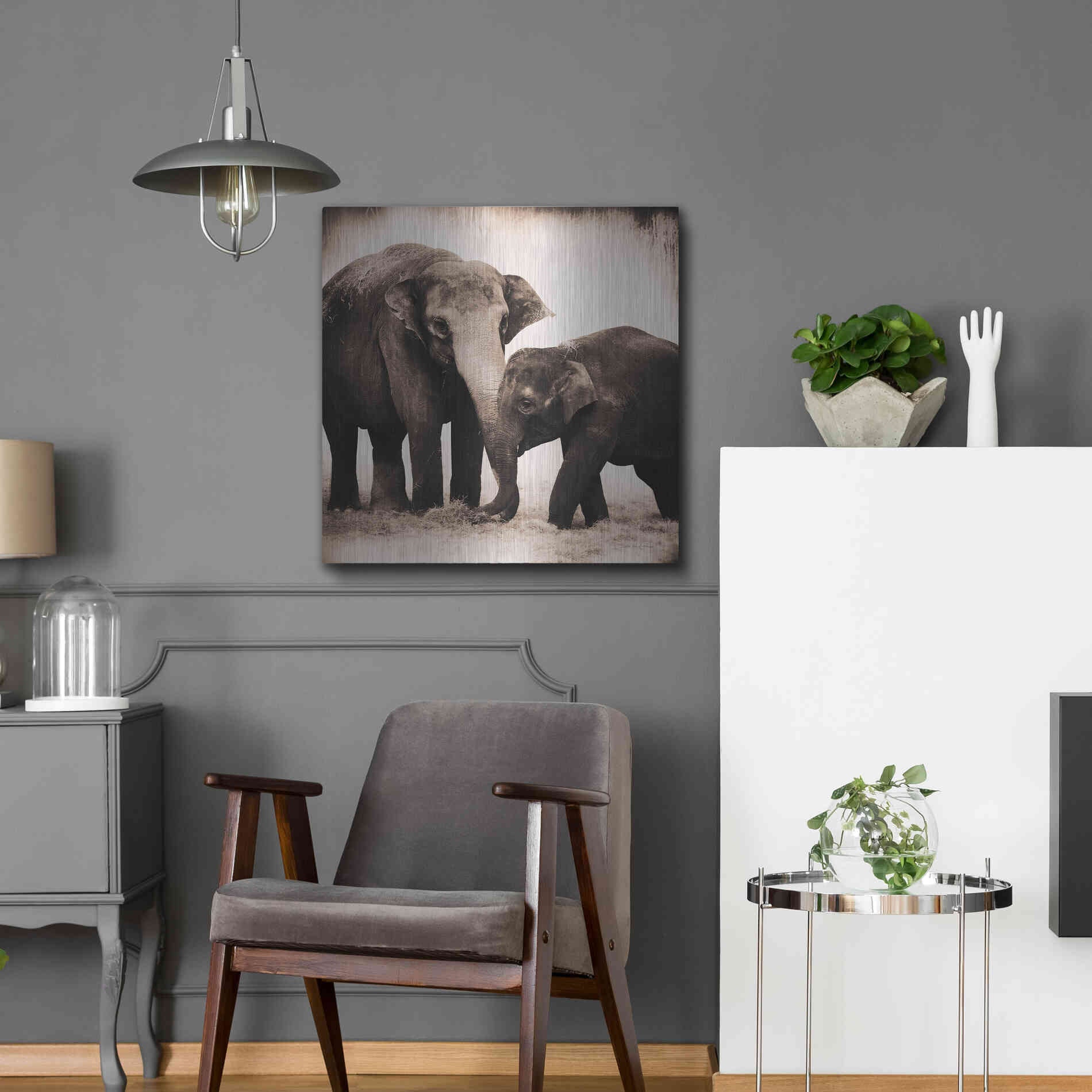 Luxe Metal Art 'Elephant III Sepia' by Debra Van Swearingen, Metal Wall Art,24x24