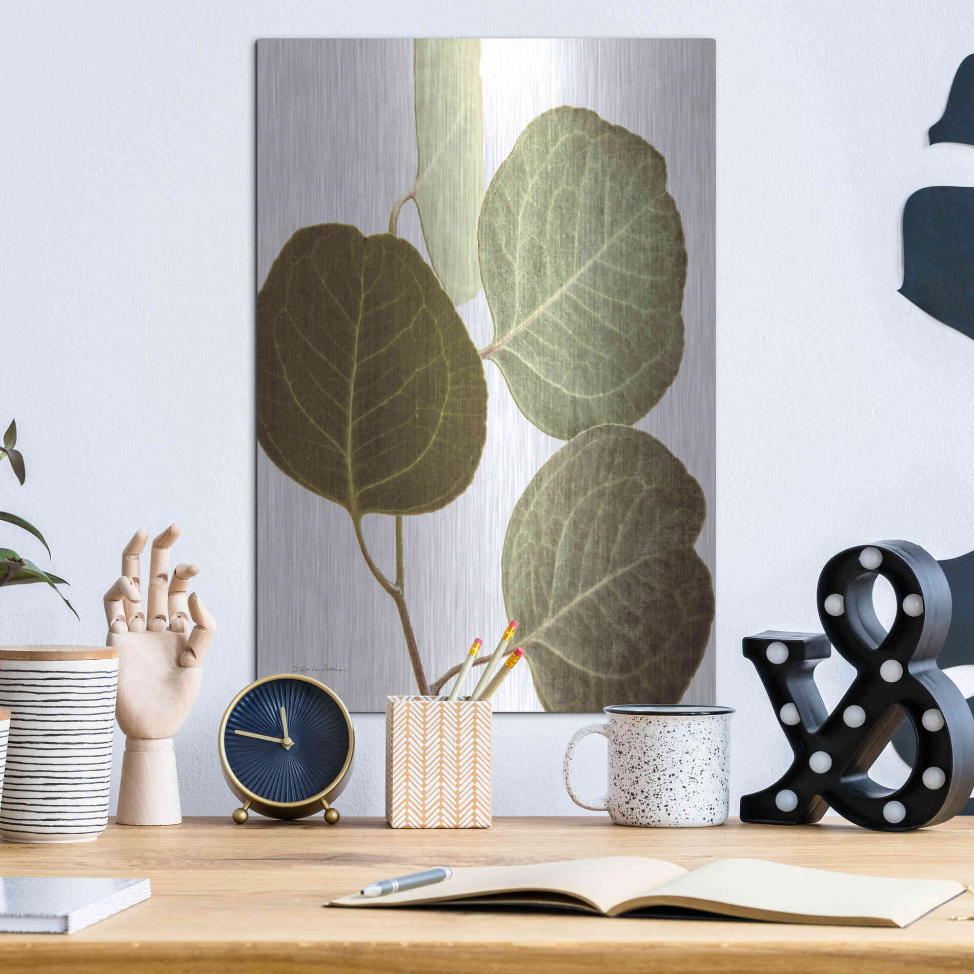 Luxe Metal Art 'Eucalyptus Color on White' by Debra Van Swearingen, Metal Wall Art,12x16